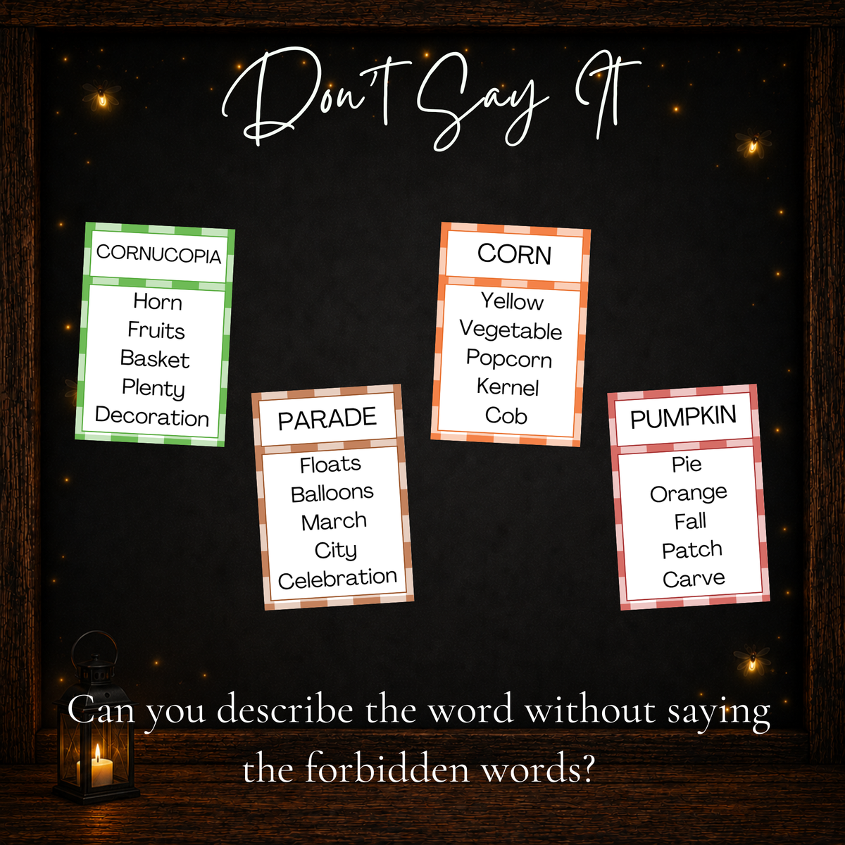 Thanksgiving Forbidden Words game cards featuring cornucopia, corn, parade and pumpkin