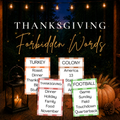 Thanksgiving Forbidden Words printable party game with Thanksgiving themed word guessing cards