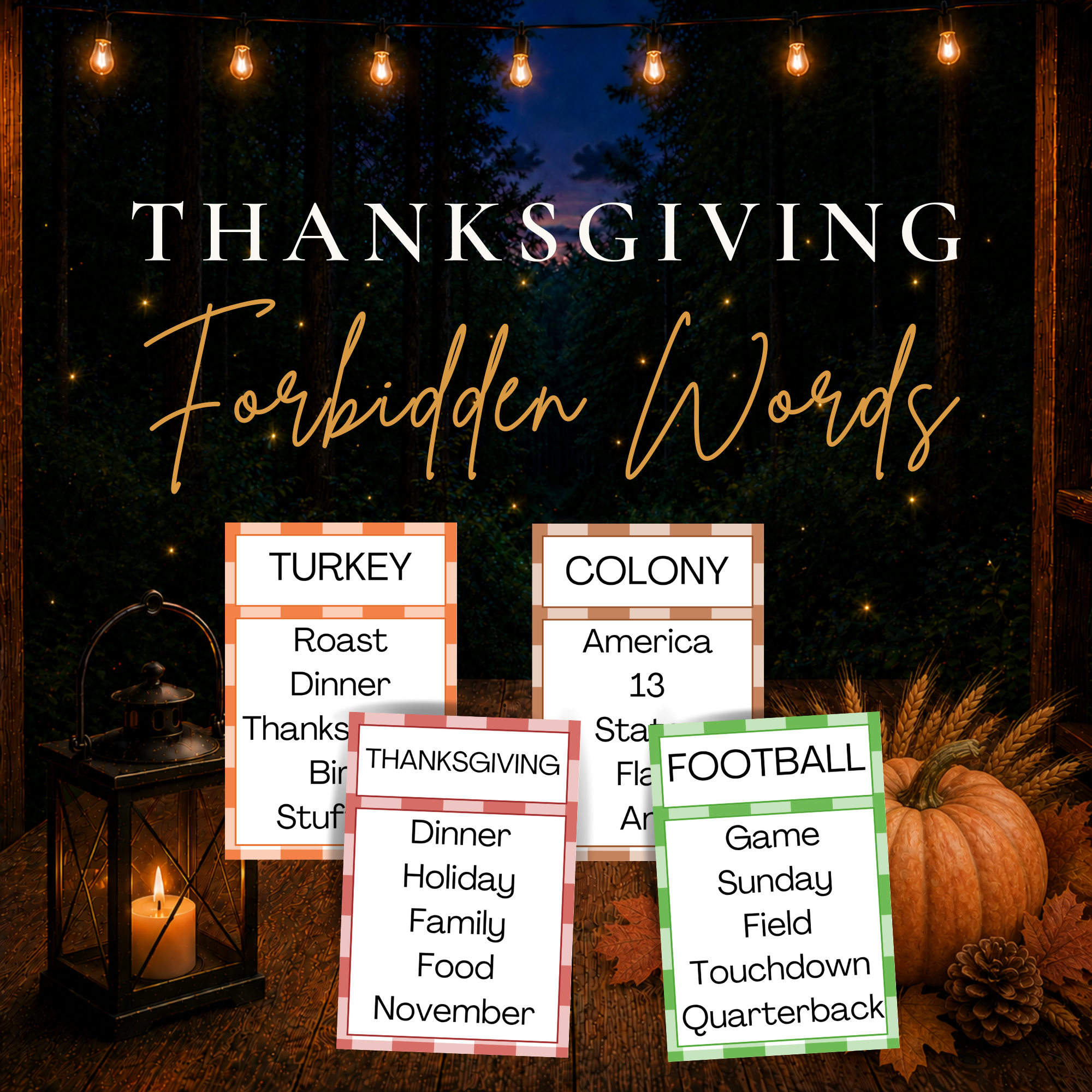 Thanksgiving Forbidden Words printable party game with Thanksgiving themed word guessing cards