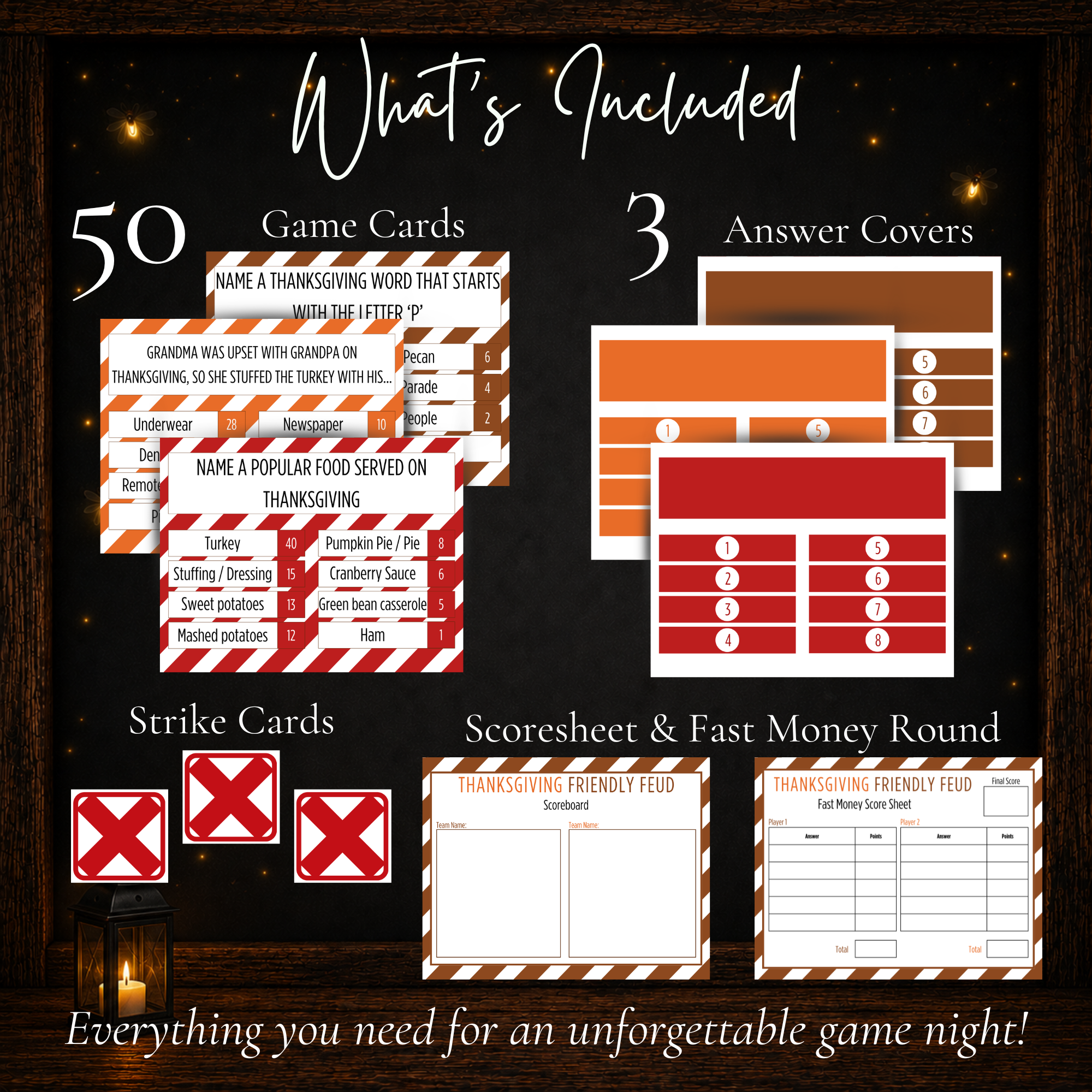Thanksgiving Friendly Feud printable game with 50 game cards answer covers strike cards scoreboard and Fast Money round