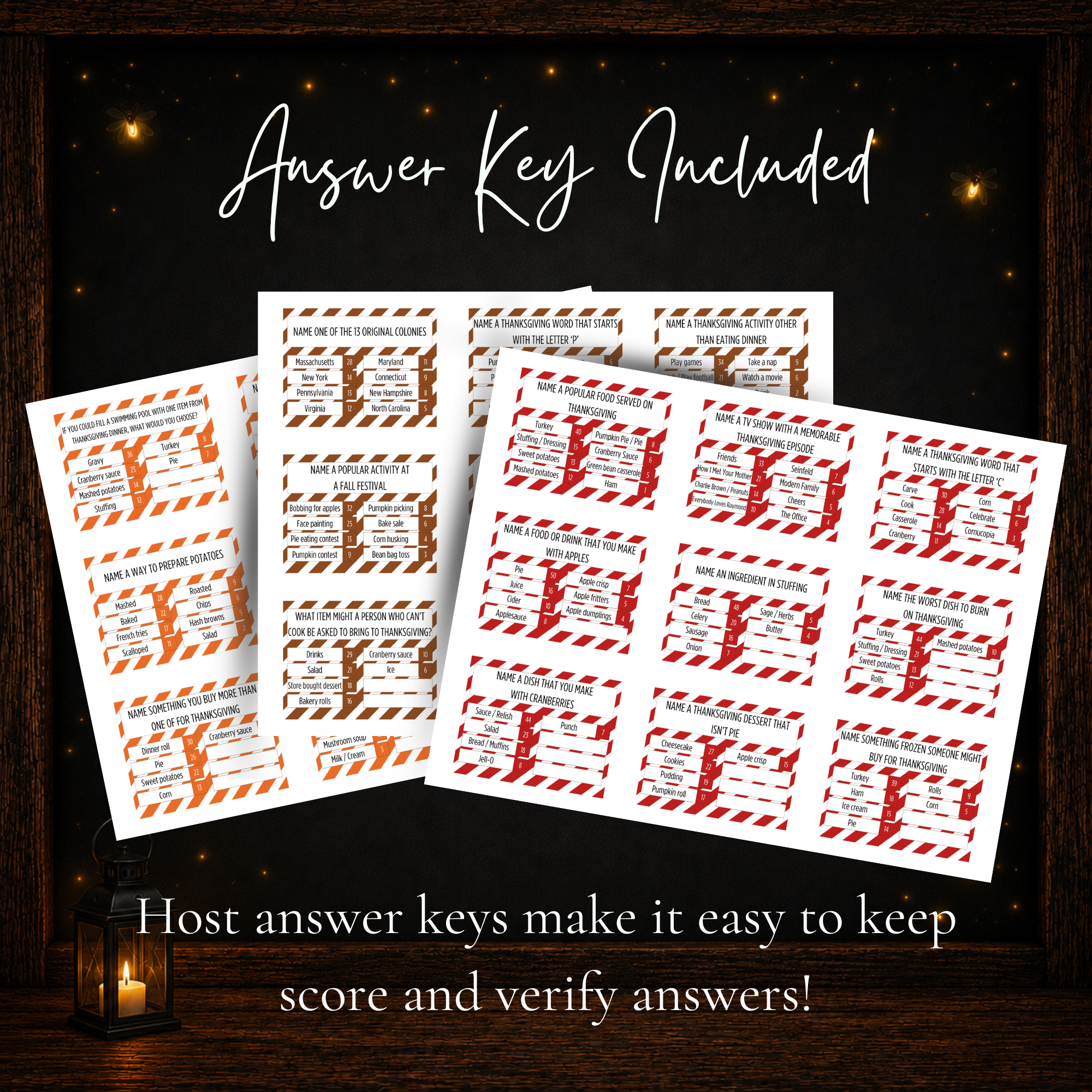Thanksgiving Friendly Feud printable host answer key with Thanksgiving survey questions answers and point values