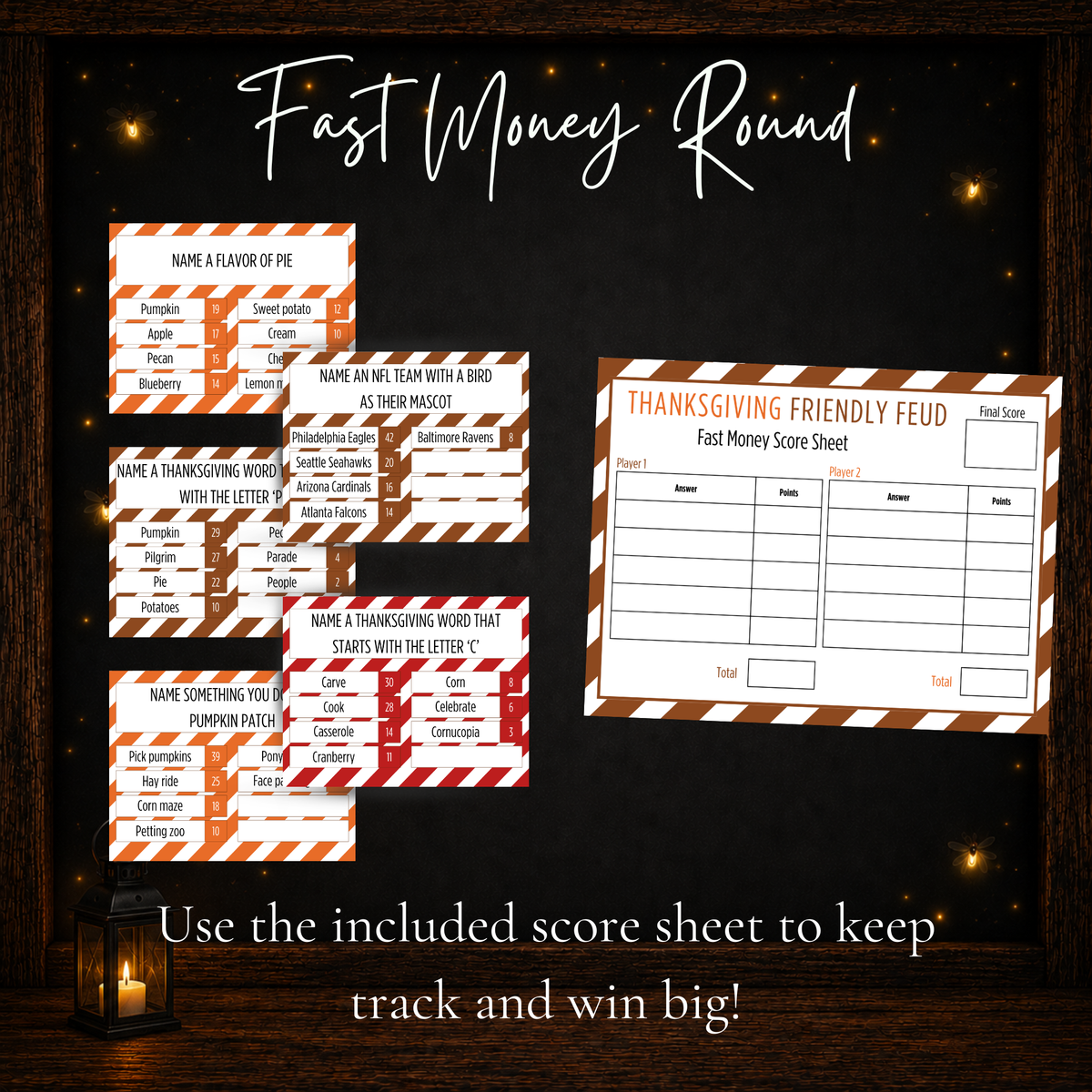 Thanksgiving Friendly Feud Fast Money bonus round with printable survey cards and score sheet