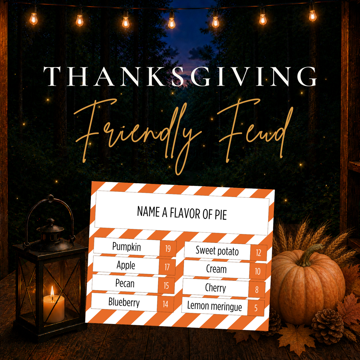 Thanksgiving Friendly Feud printable family game with Thanksgiving survey questions and answers
