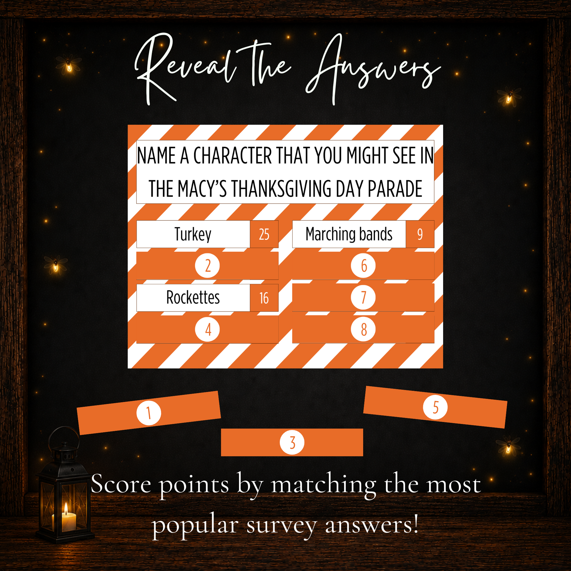 Thanksgiving Friendly Feud game card with printable answer covers for revealing popular survey answers