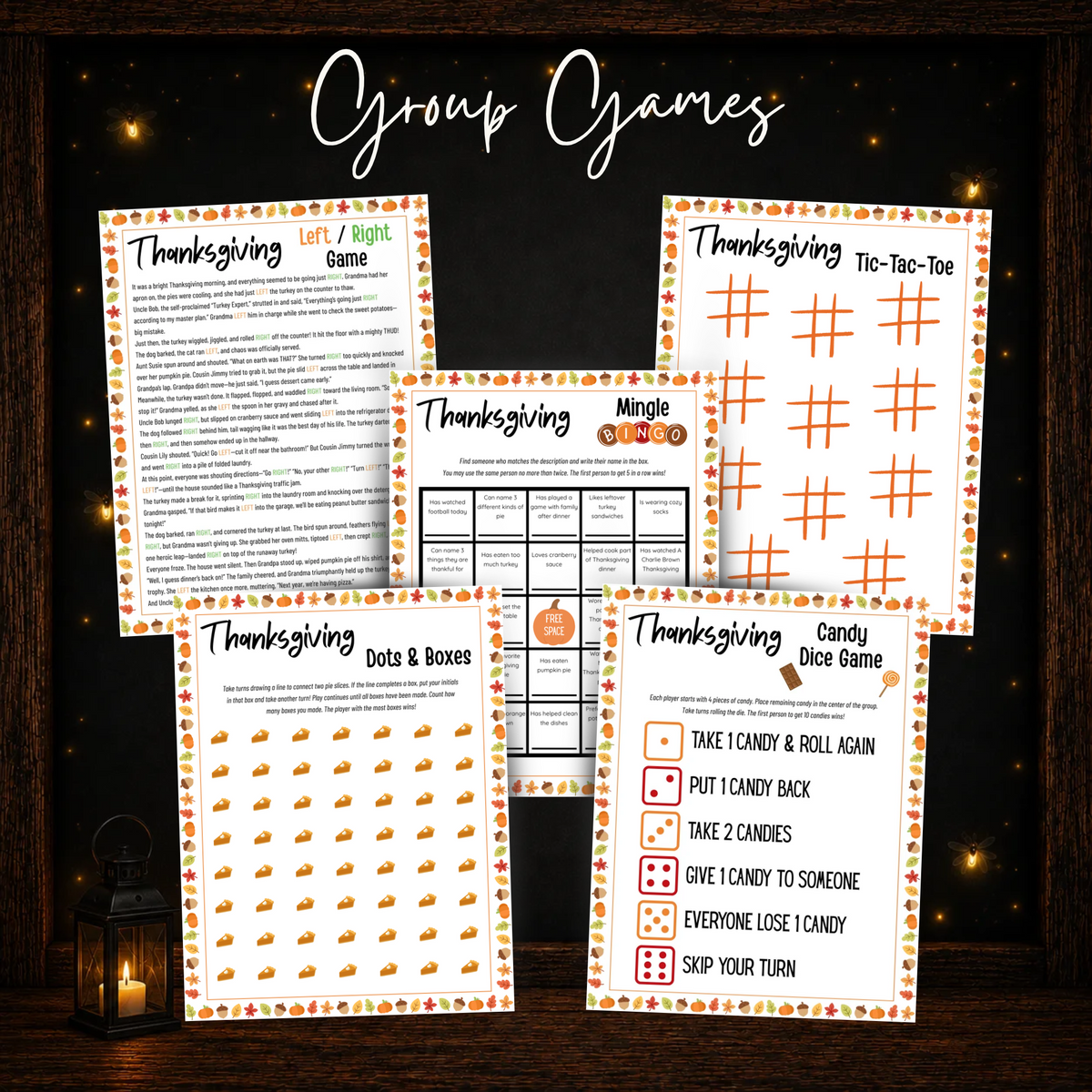 Printable Thanksgiving group games including Mingle Bingo Left Right Game Tic Tac Toe Dots and Boxes and Candy Dice
