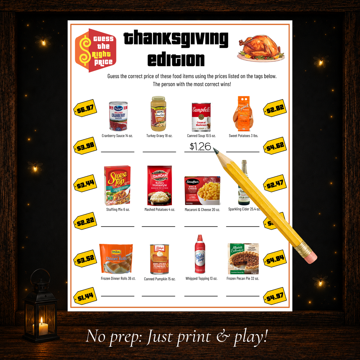 Printable Thanksgiving Guess the Right Price game worksheet for an easy print and play holiday activity