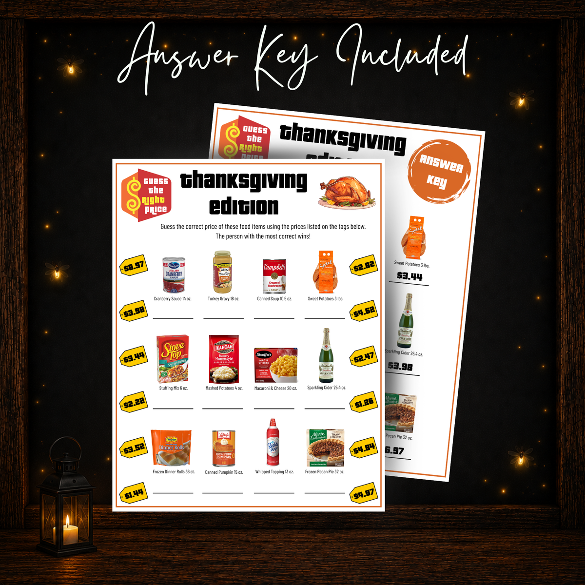 Thanksgiving Guess the Right Price printable game with included answer key