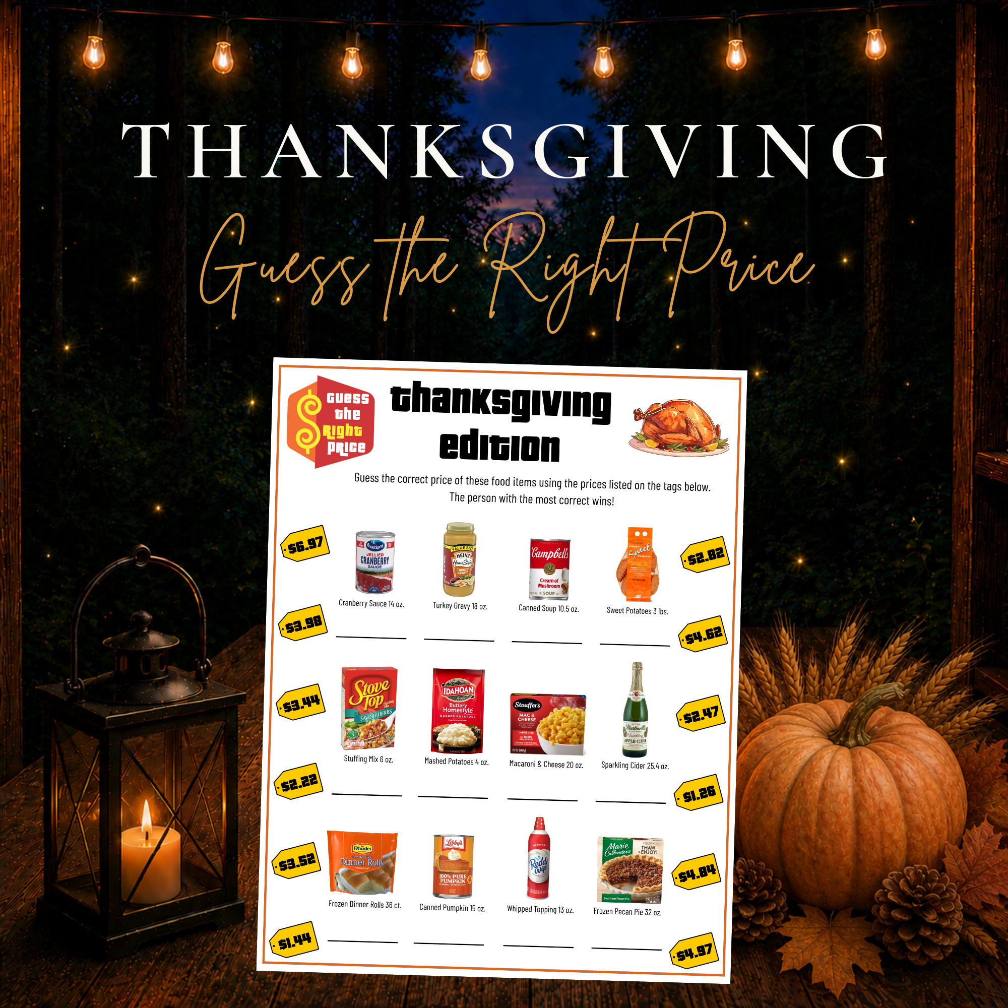 Thanksgiving Guess the Right Price printable game featuring Thanksgiving food items and price tags to play Price is Right