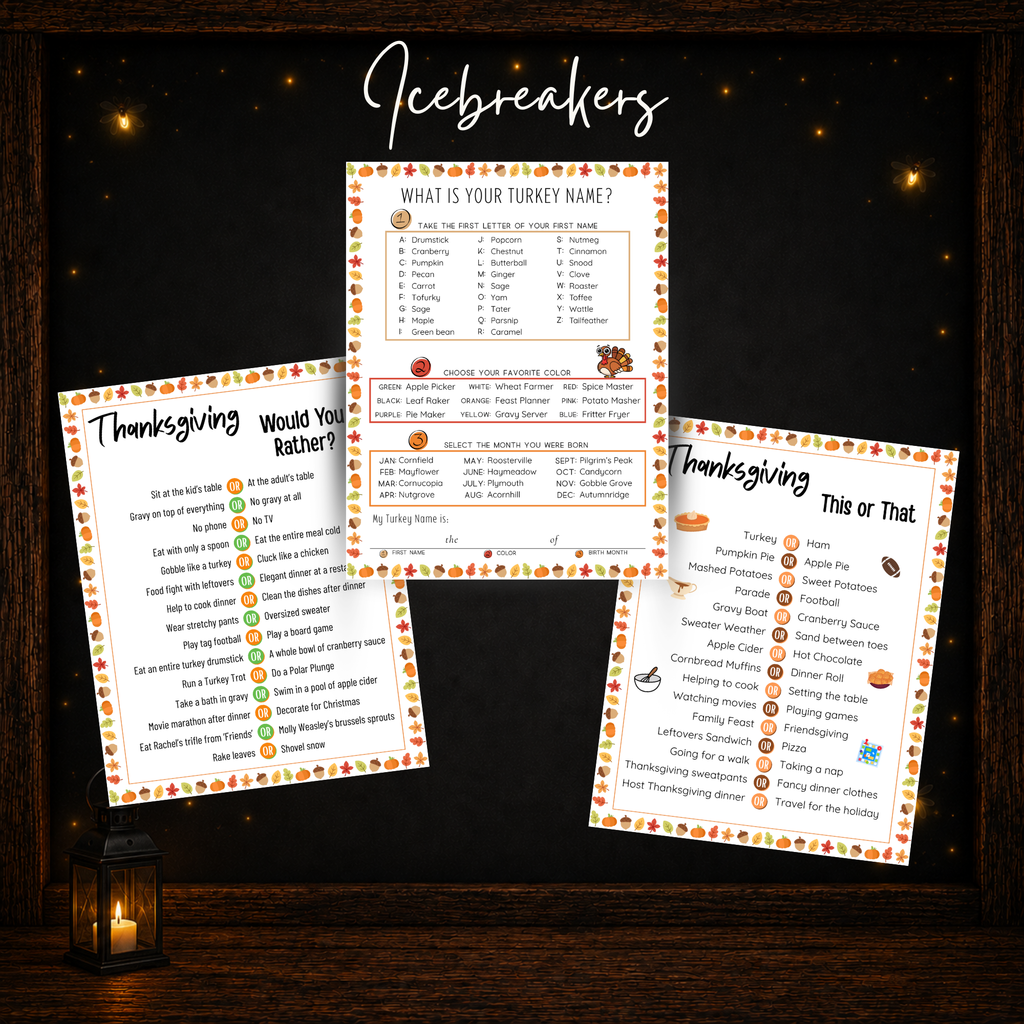 Thanksgiving icebreaker games including Would You Rather This or That and What Is Your Turkey Name