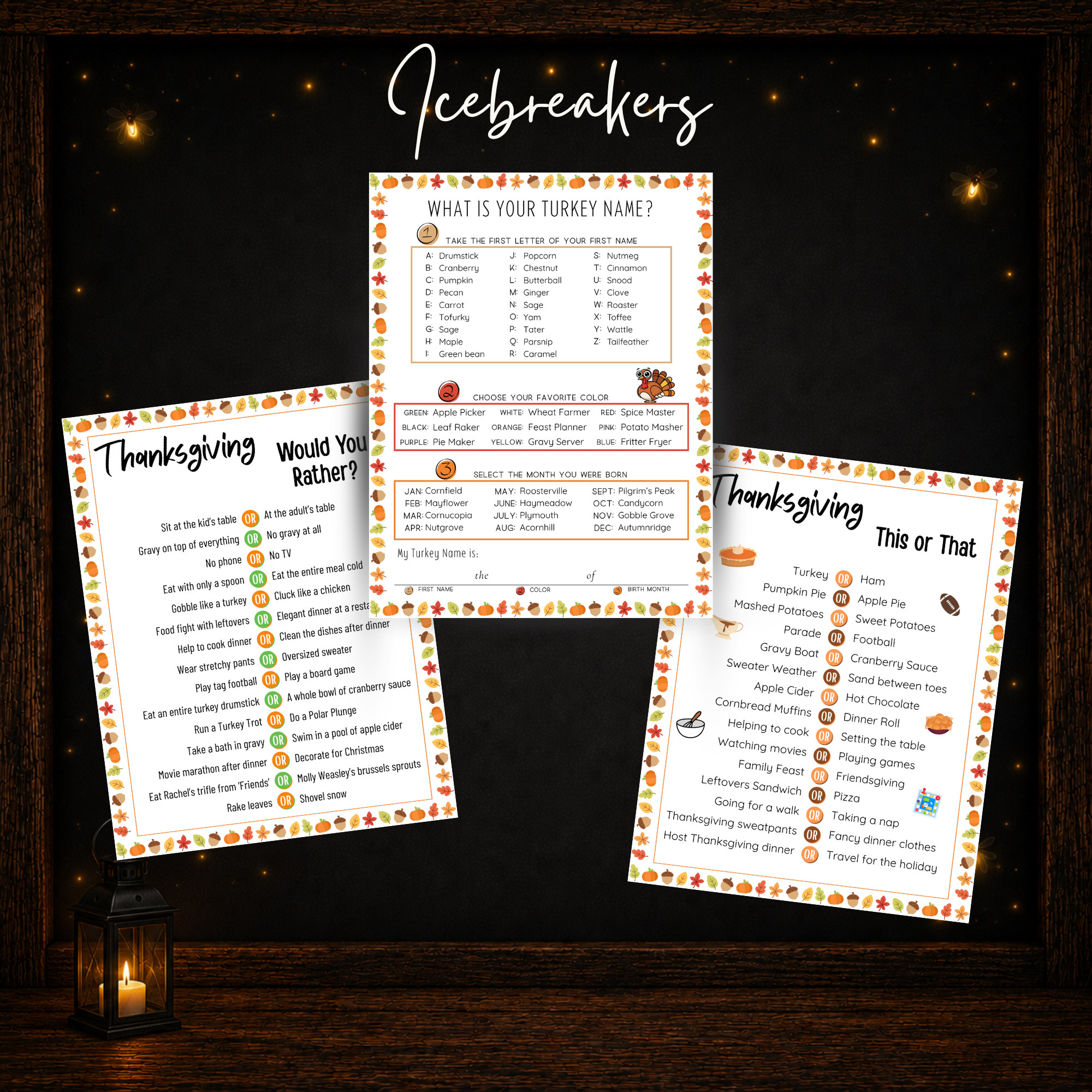 Thanksgiving icebreaker games including Would You Rather This or That and What Is Your Turkey Name