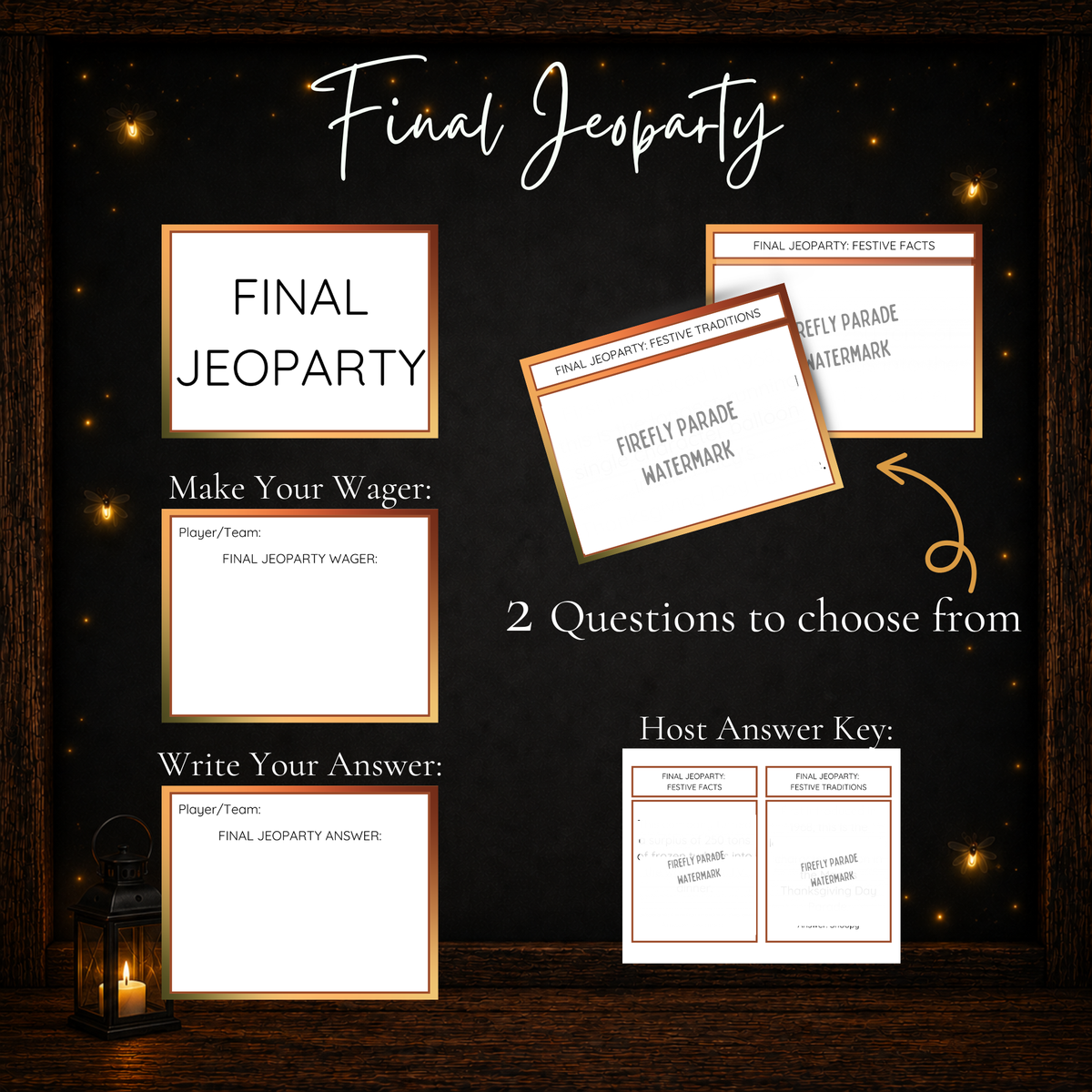 Thanksgiving Jeoparty Final Jeoparty round with wager cards, answer cards and host answer key