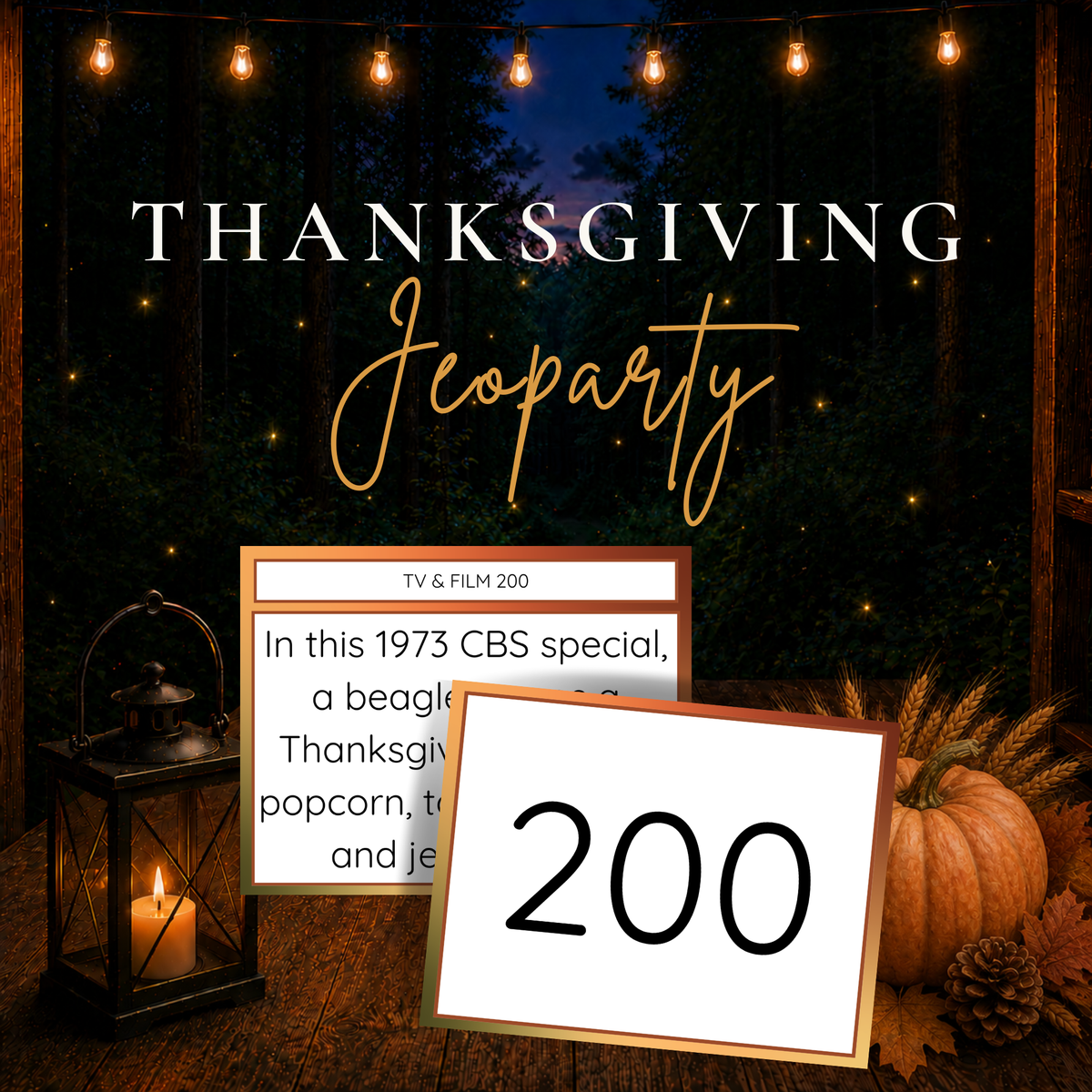 Thanksgiving Jeoparty printable trivia game with question and point value cards for family game night
