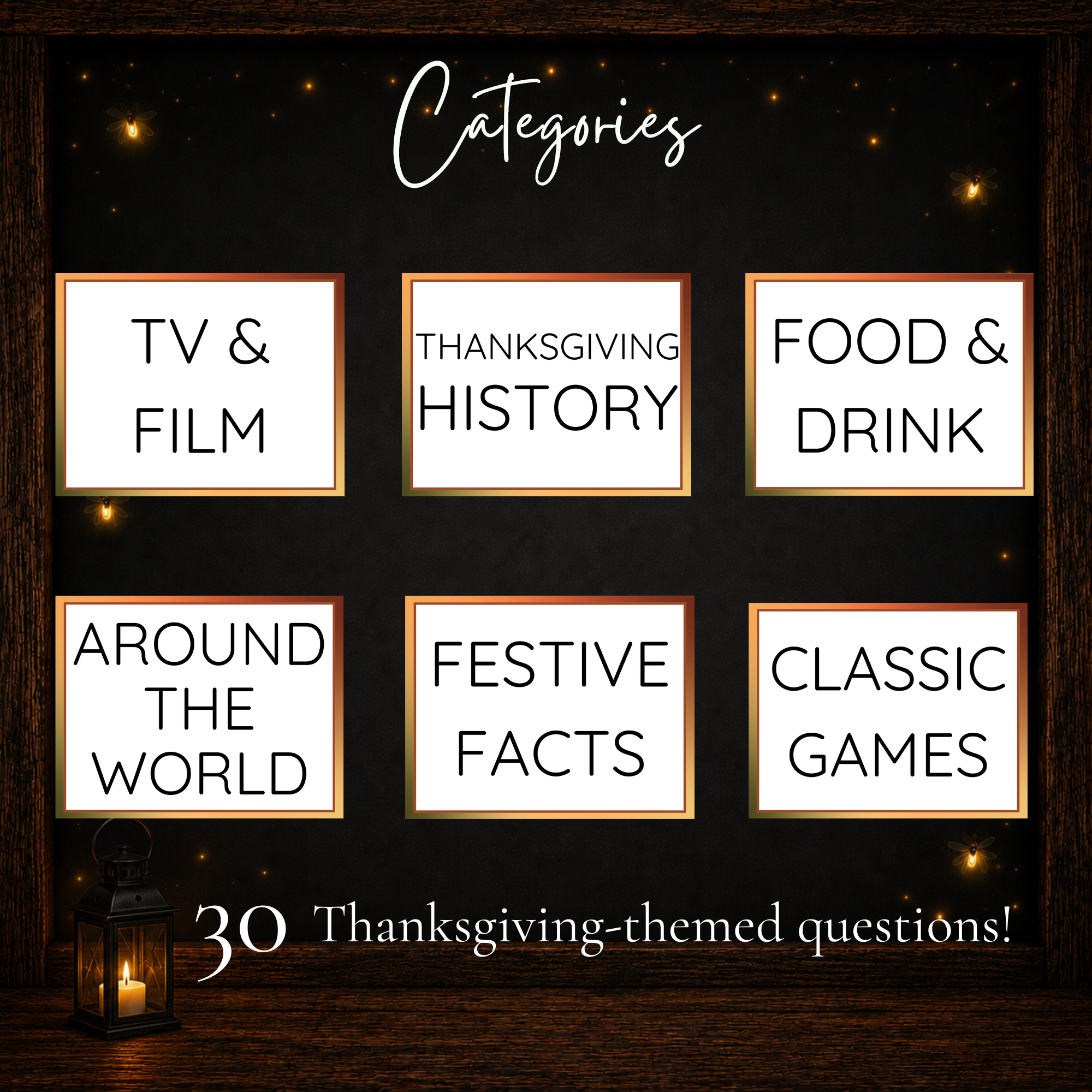 Thanksgiving Jeoparty trivia categories including TV and film, history, food, festive facts and classic games