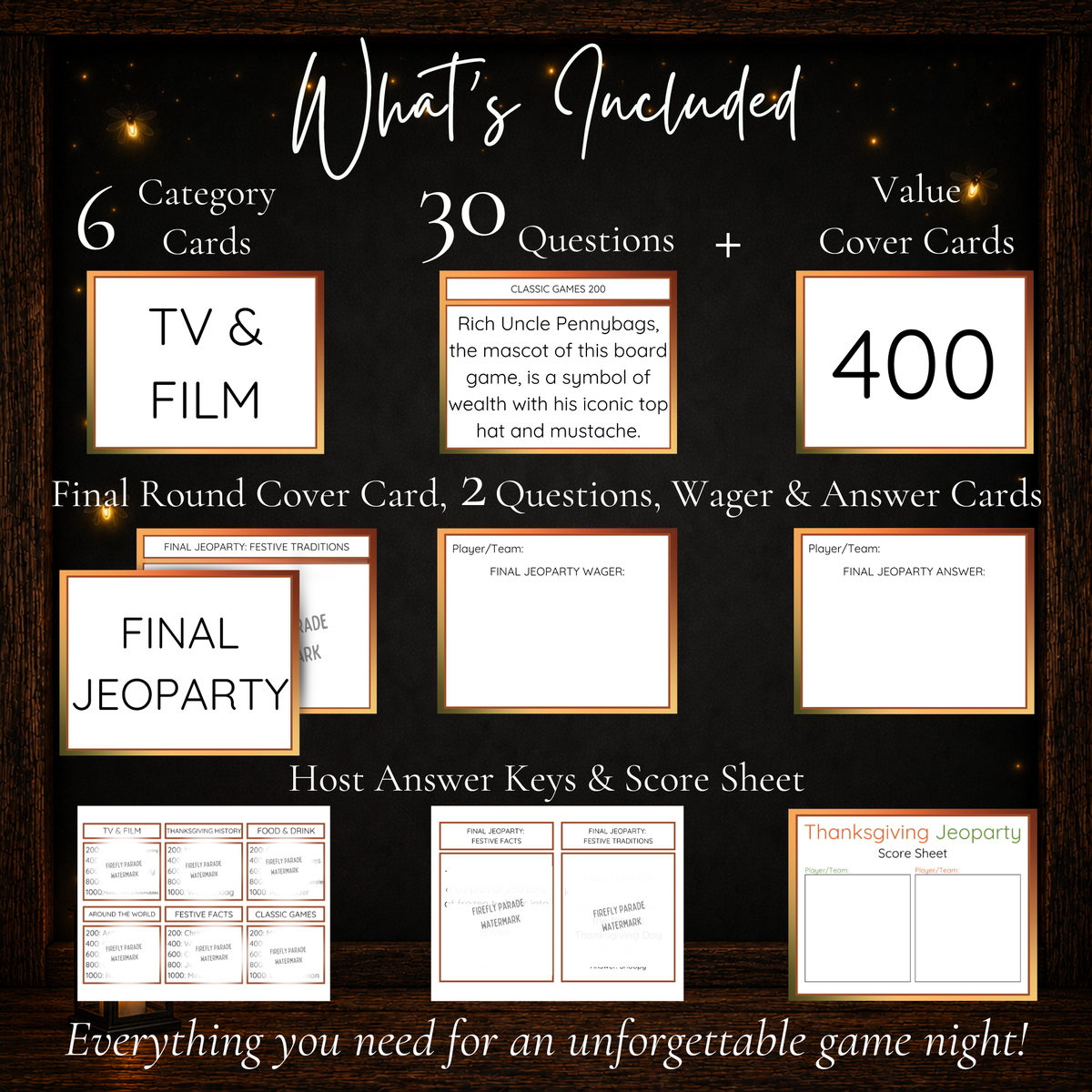 Thanksgiving Jeoparty printable game with 6 categories, 30 questions, Final Jeoparty cards, answer keys and score sheet