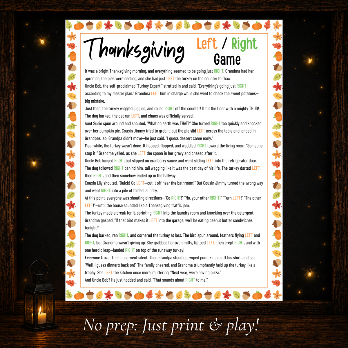 Printable Thanksgiving Left Right pass the gift game with funny holiday story
