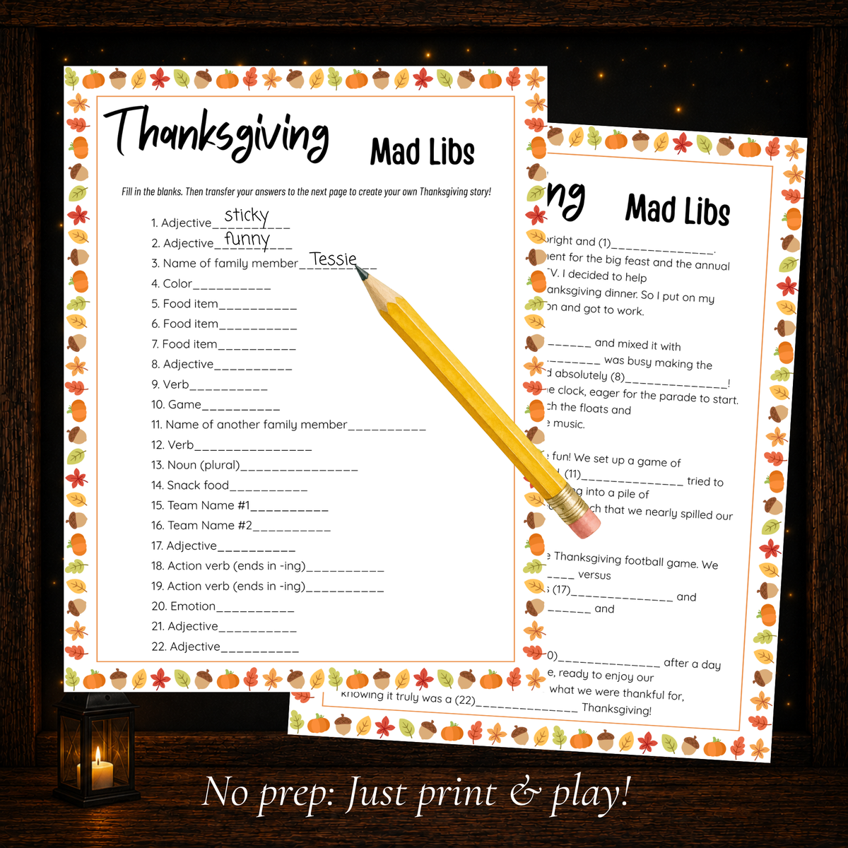 Thanksgiving Mad Libs two-page fill in the blank printable story game