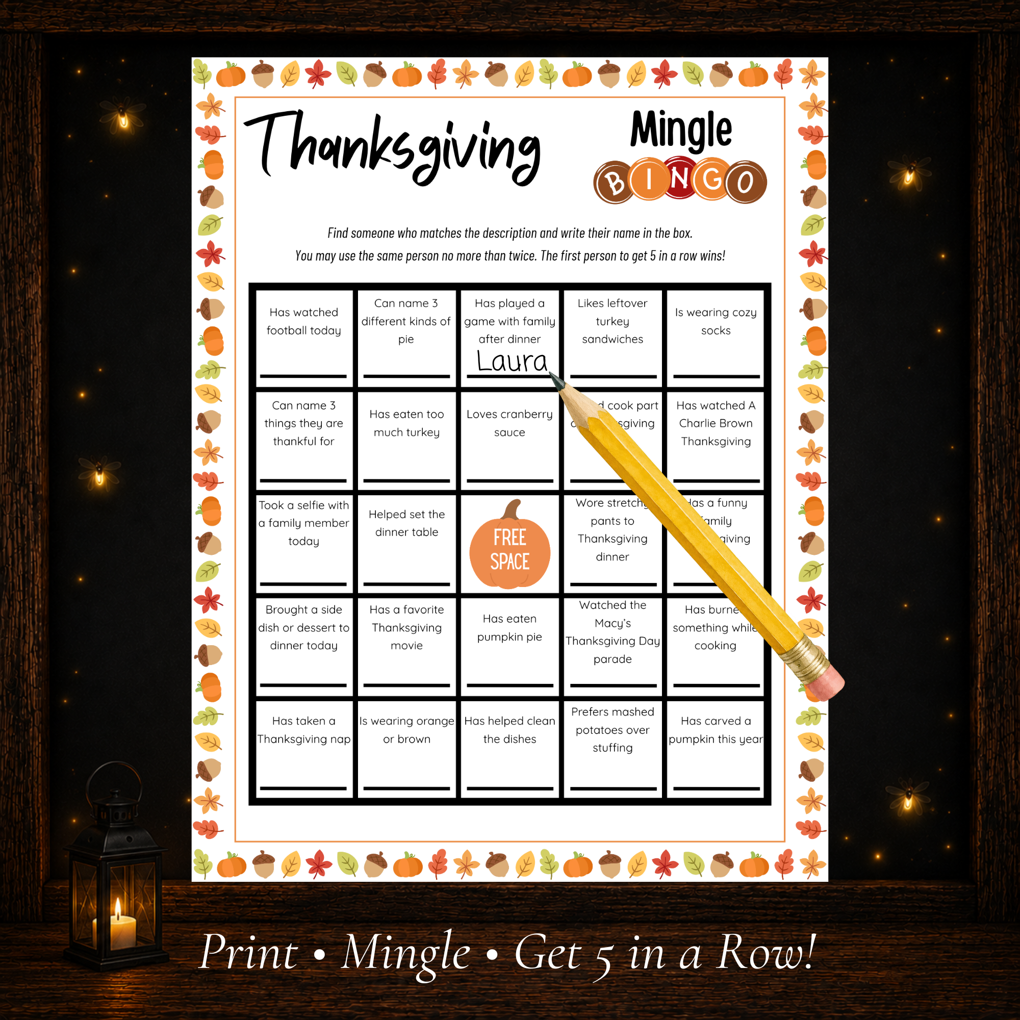 Printable Thanksgiving Mingle Bingo game sheet with Thanksgiving-themed prompts and free space