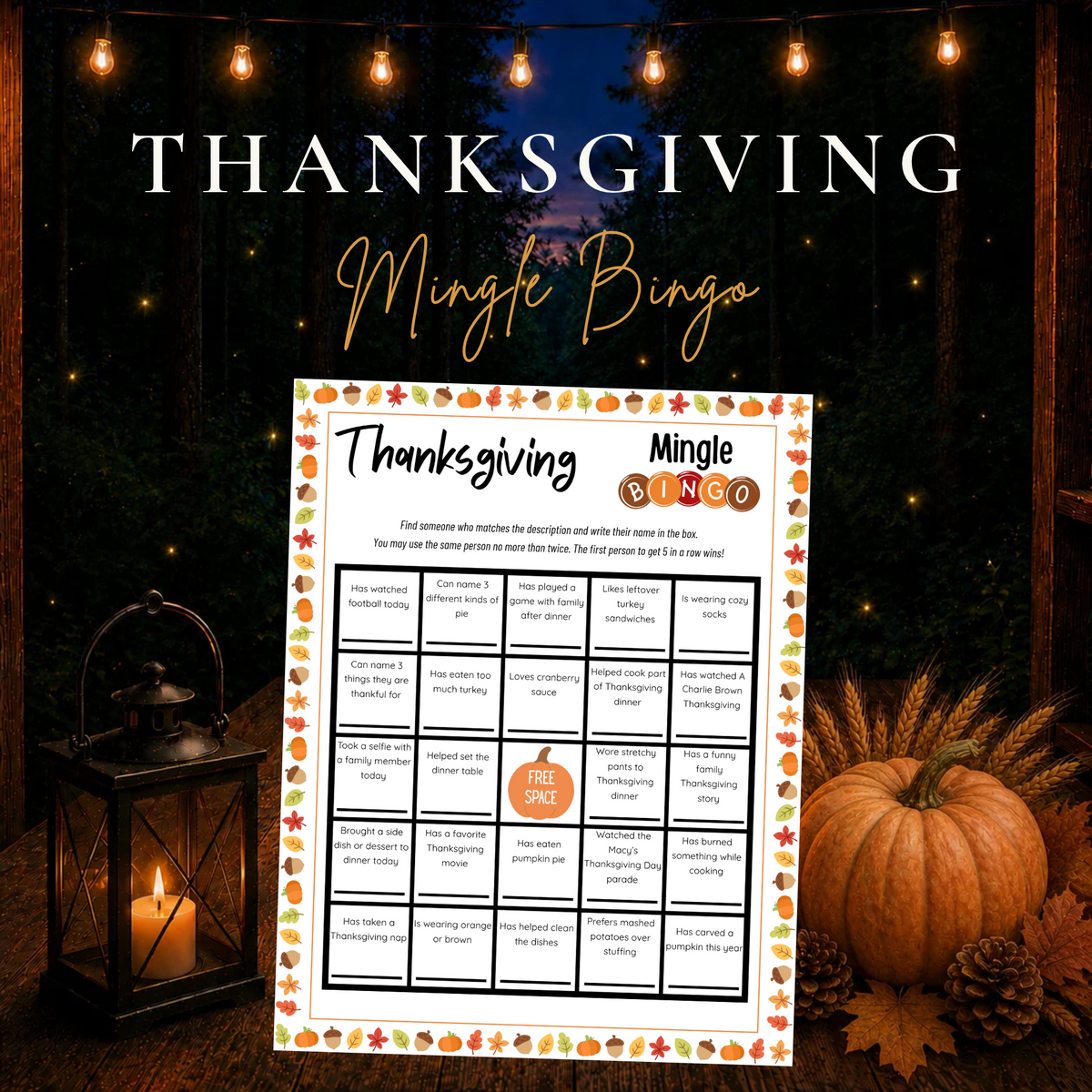 Thanksgiving Mingle Bingo printable game for family gatherings, Friendsgiving and holiday parties