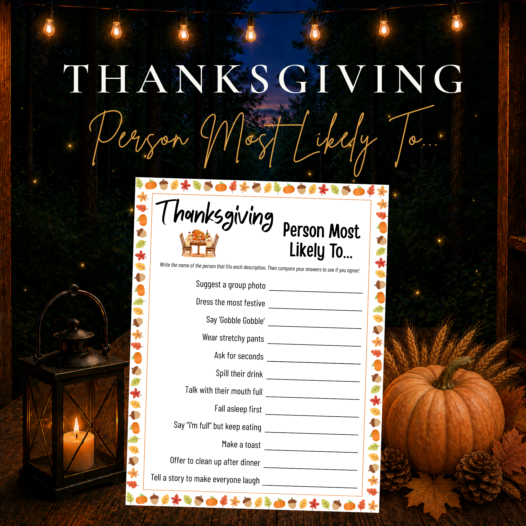 Thanksgiving Person Most Likely To printable game for family dinners, Friendsgiving and holiday parties