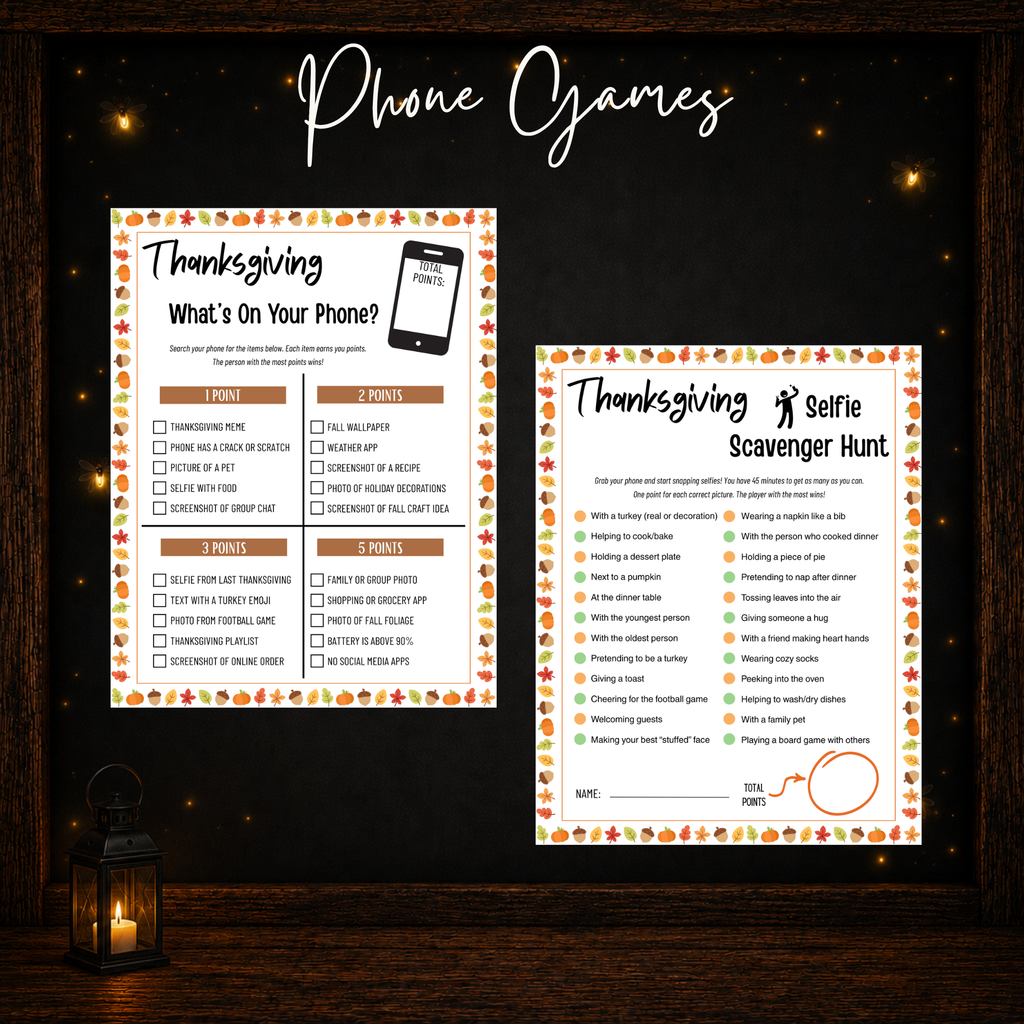 Printable Thanksgiving phone games with Whats On Your Phone and Selfie Scavenger Hunt