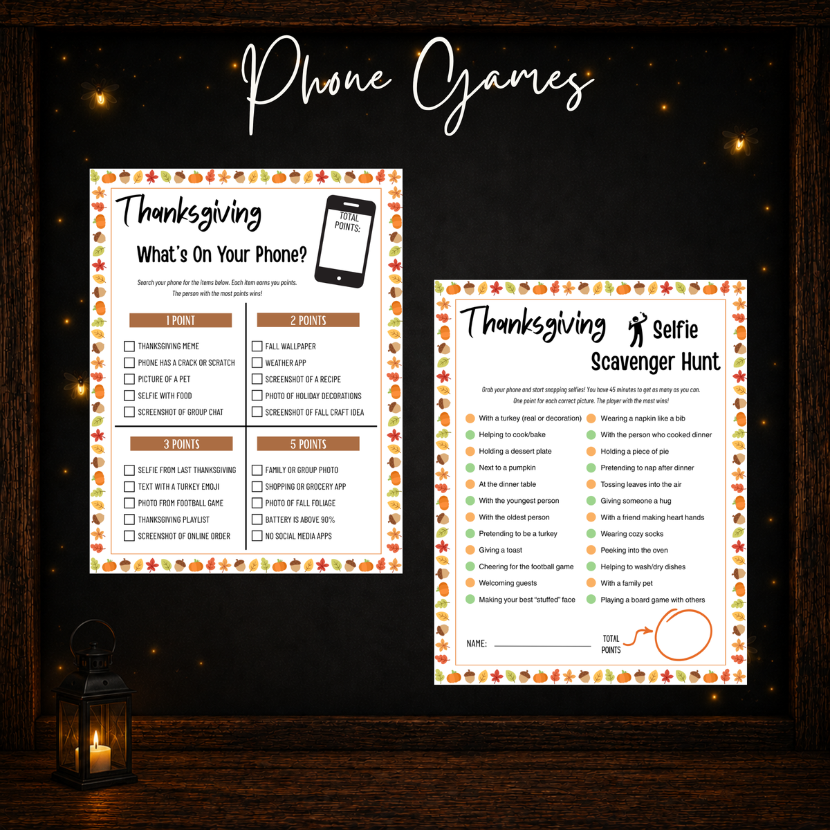 Printable Thanksgiving phone games with Whats On Your Phone and Selfie Scavenger Hunt