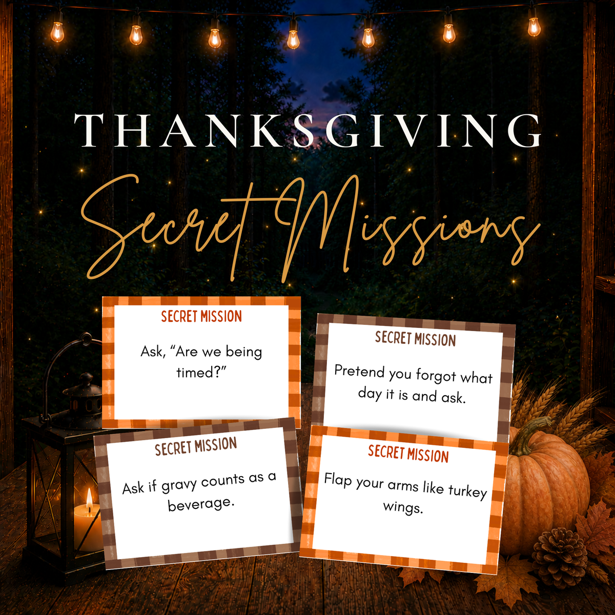 Thanksgiving Secret Missions printable party game with funny hidden challenge cards for family and groups
