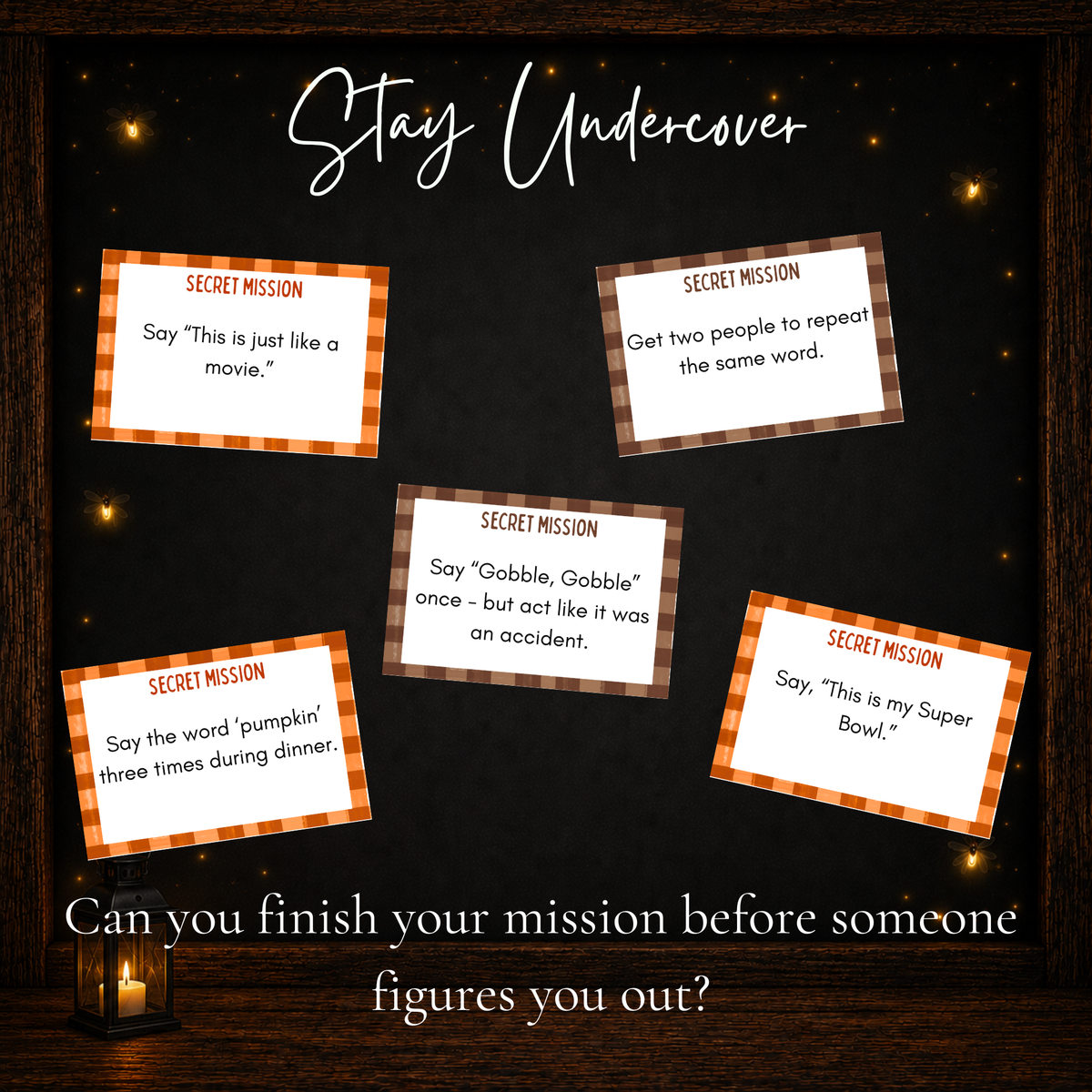 Thanksgiving Secret Missions undercover party game with funny hidden challenges to complete without getting caught