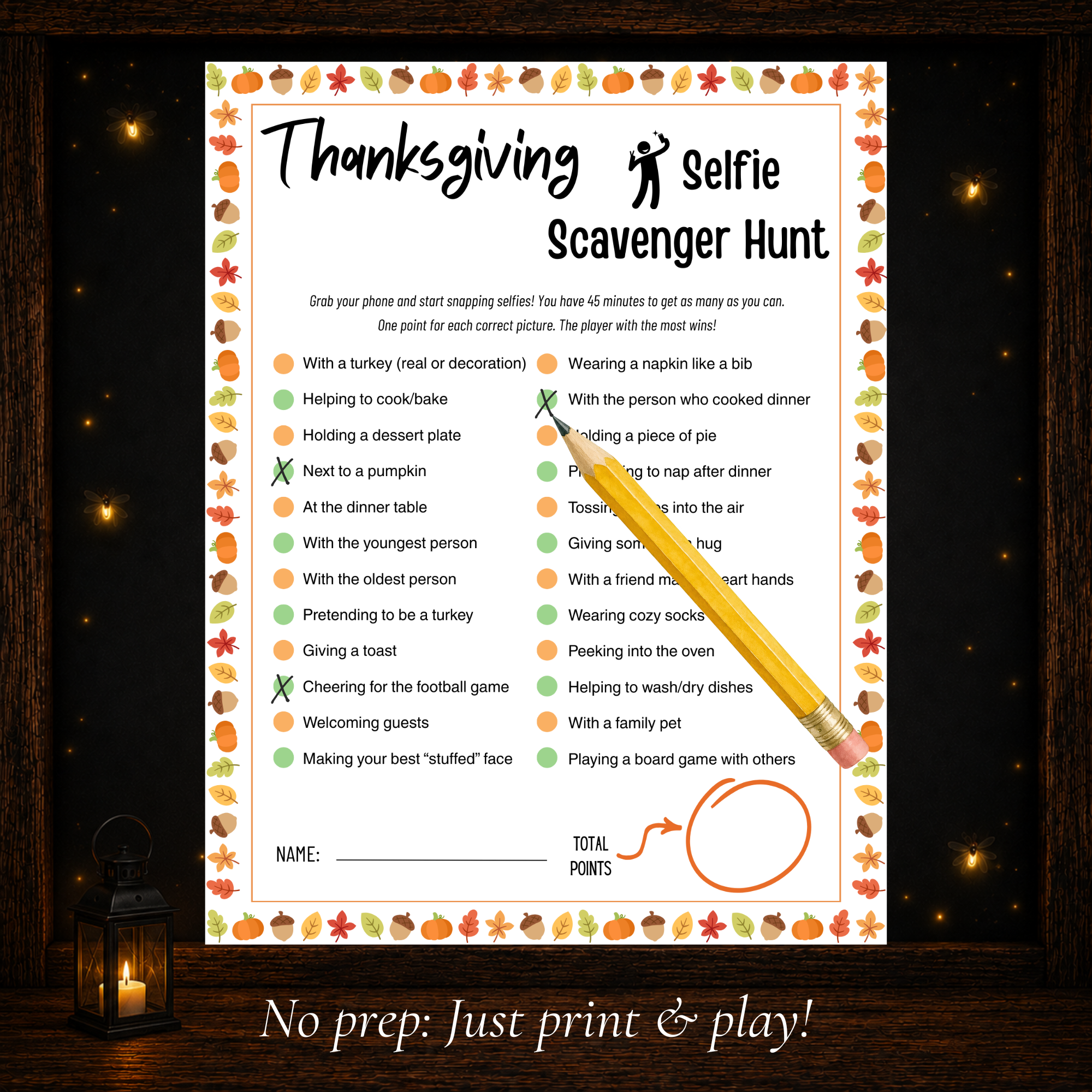 Printable Thanksgiving Selfie Scavenger Hunt with 24 fun photo challenges and no-prep gameplay