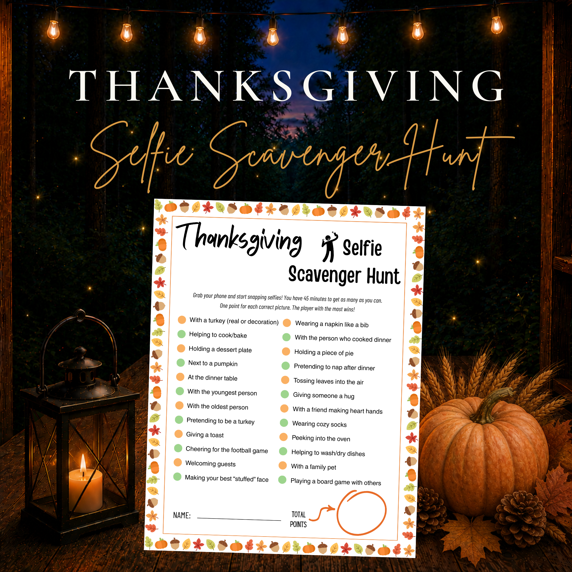 Thanksgiving Selfie Scavenger Hunt printable game for family dinners, Friendsgiving and holiday parties