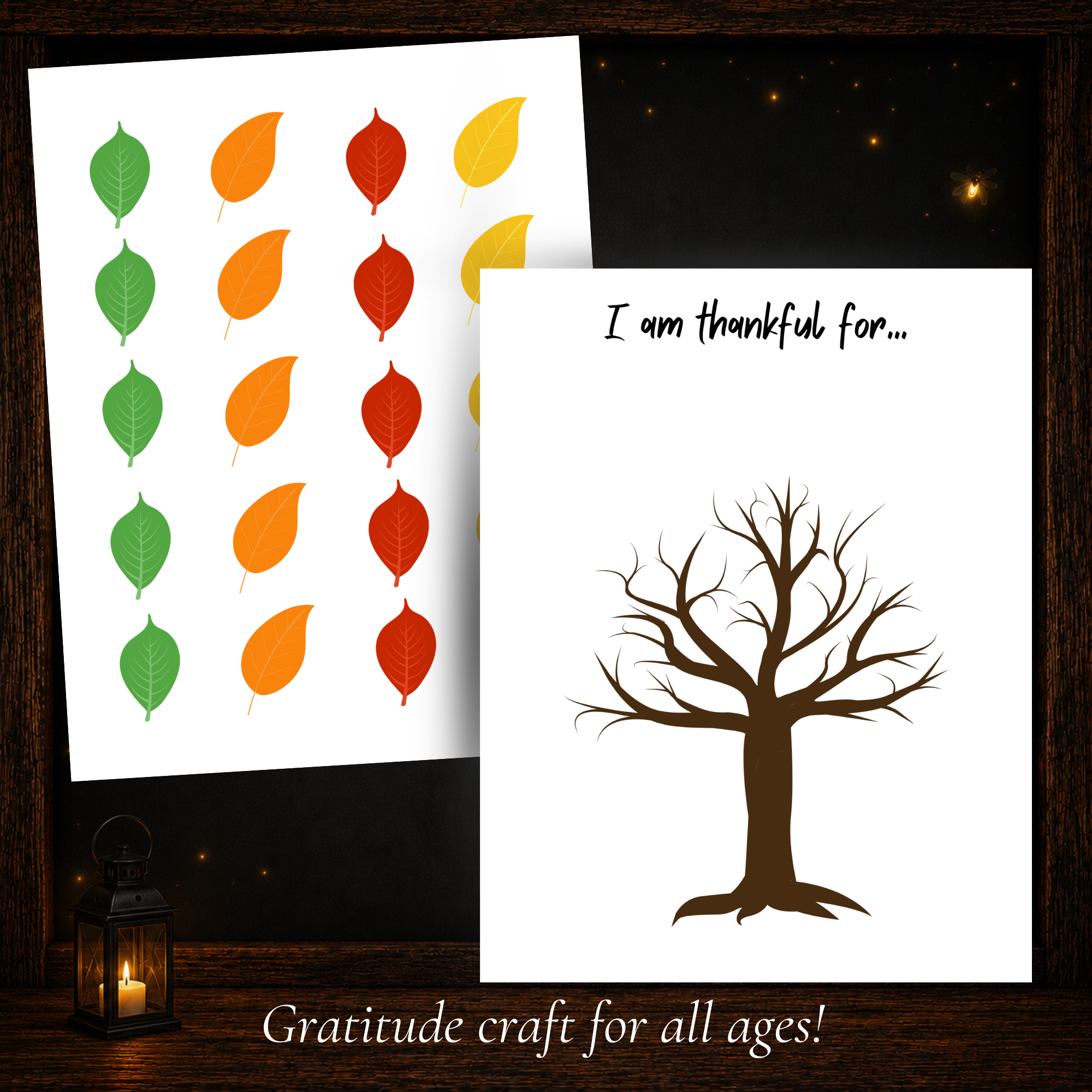 Printable Thanksgiving gratitude tree activity with blank tree and colorful leaves to cut and glue