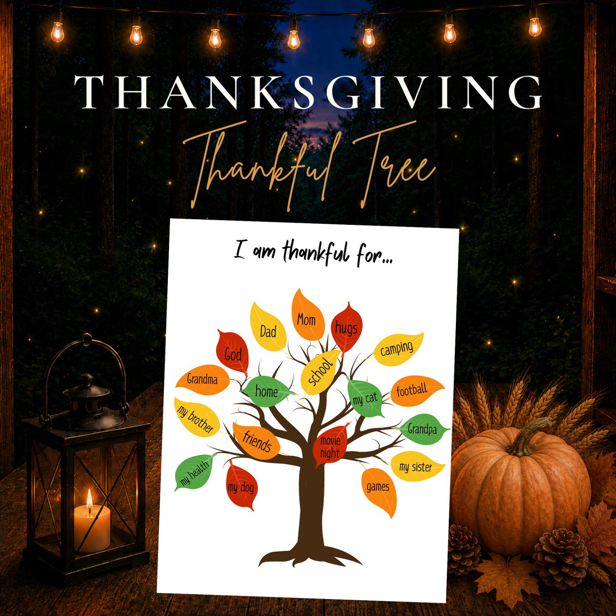 Thanksgiving Thankful Tree printable gratitude craft with colorful fall leaves for kids and families