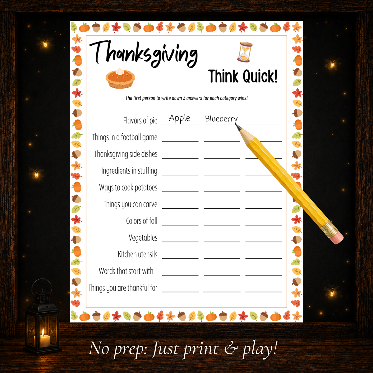 Printable Thanksgiving Think Quick category game with fall-themed prompts for a quick print and play activity
