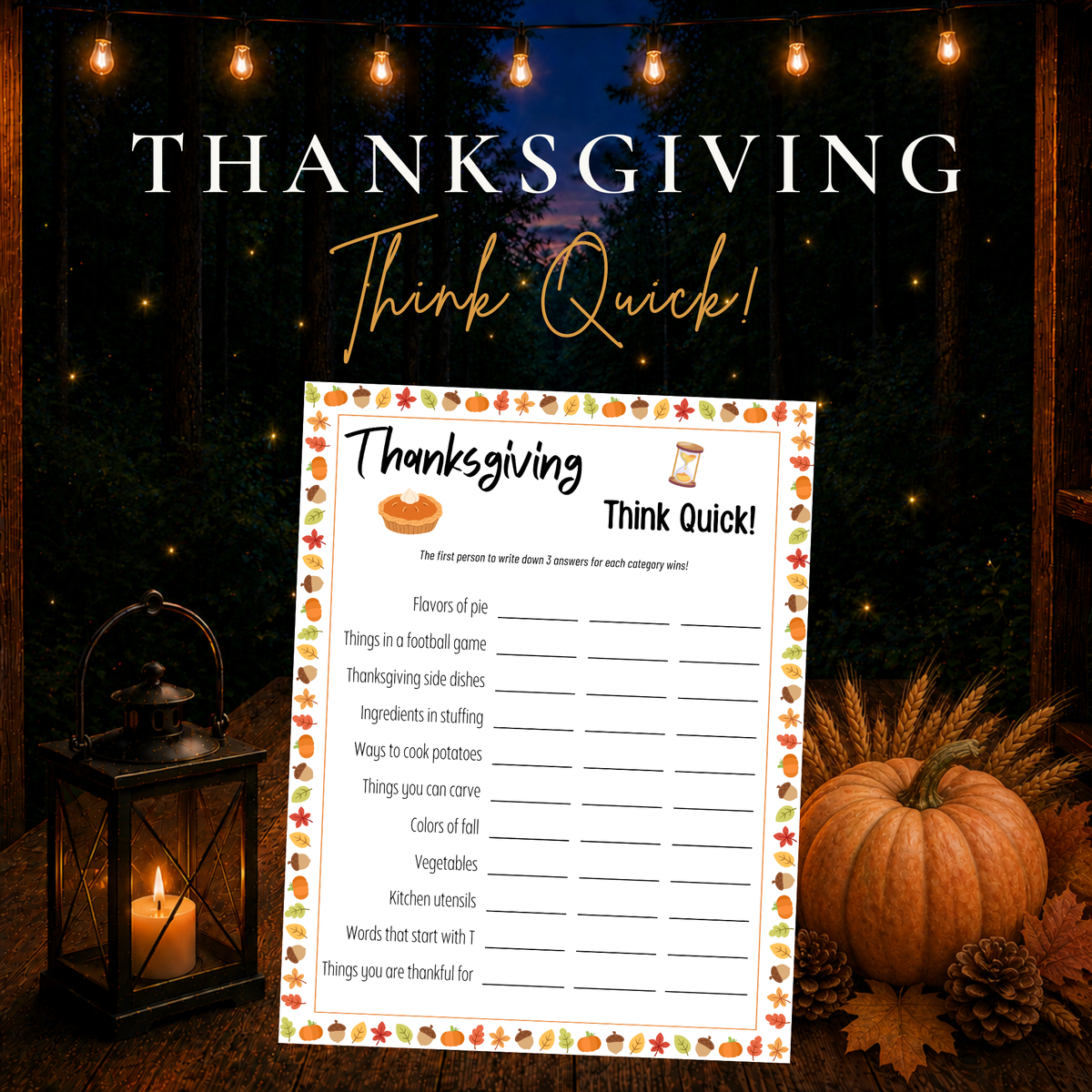 Thanksgiving Think Quick printable game for family dinner, Friendsgiving and holiday gatherings