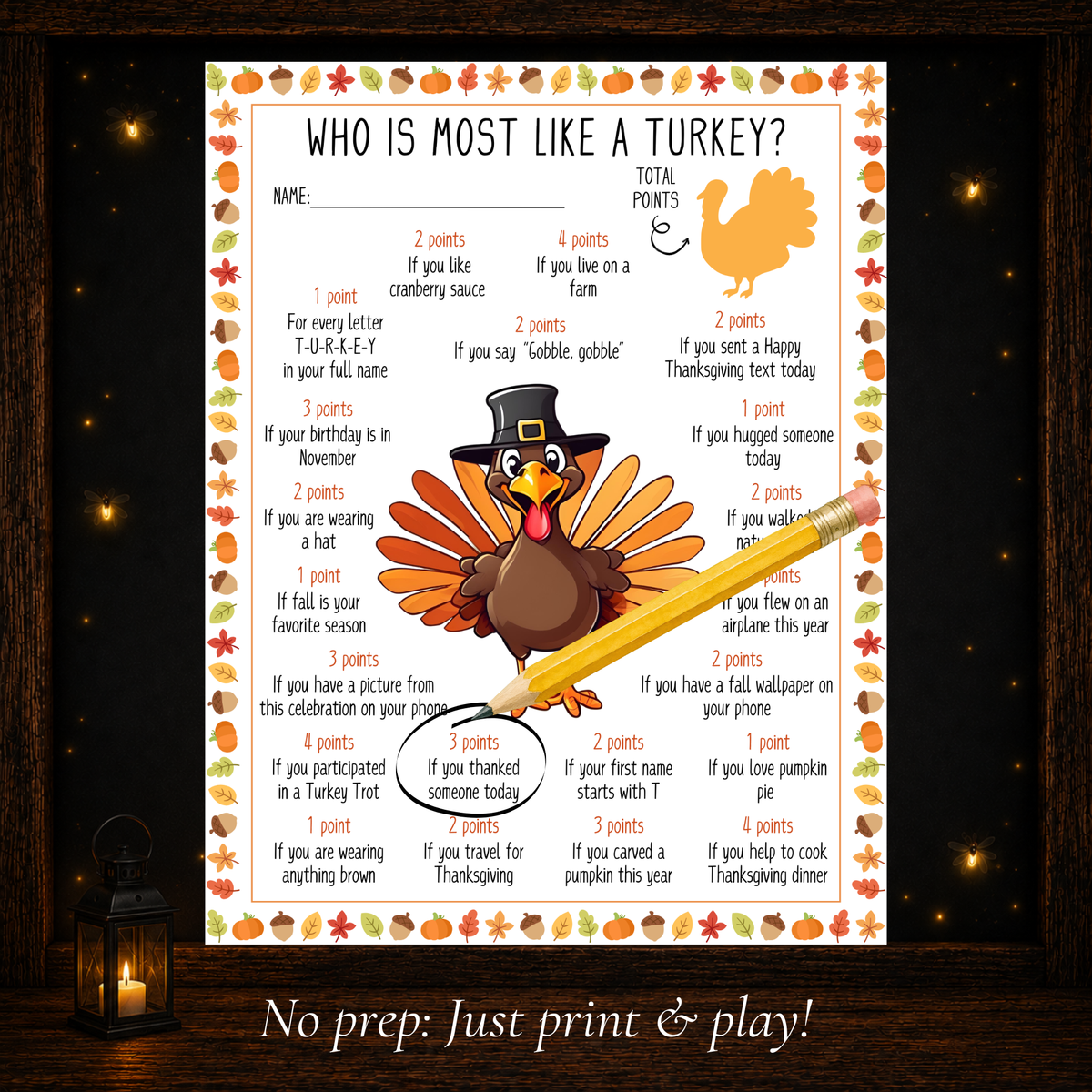 Who Is Most Like a Turkey printable Thanksgiving score game with fun holiday prompts