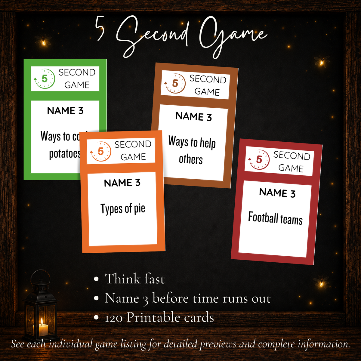 Thanksgiving 5 Second Game with 120 printable Name 3 challenge cards