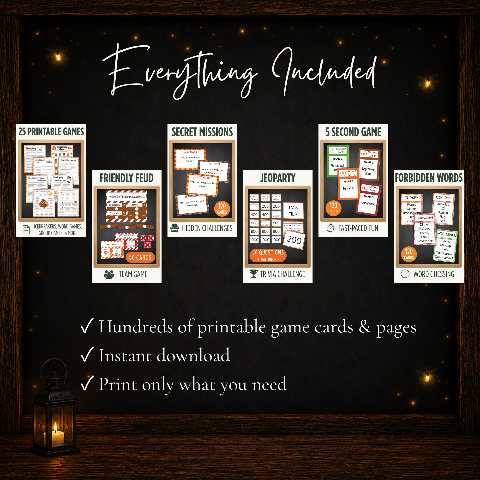 Thanksgiving game bundle including 25 printable games Friendly Feud Secret Missions Jeoparty 5 Second Game and Forbidden Words