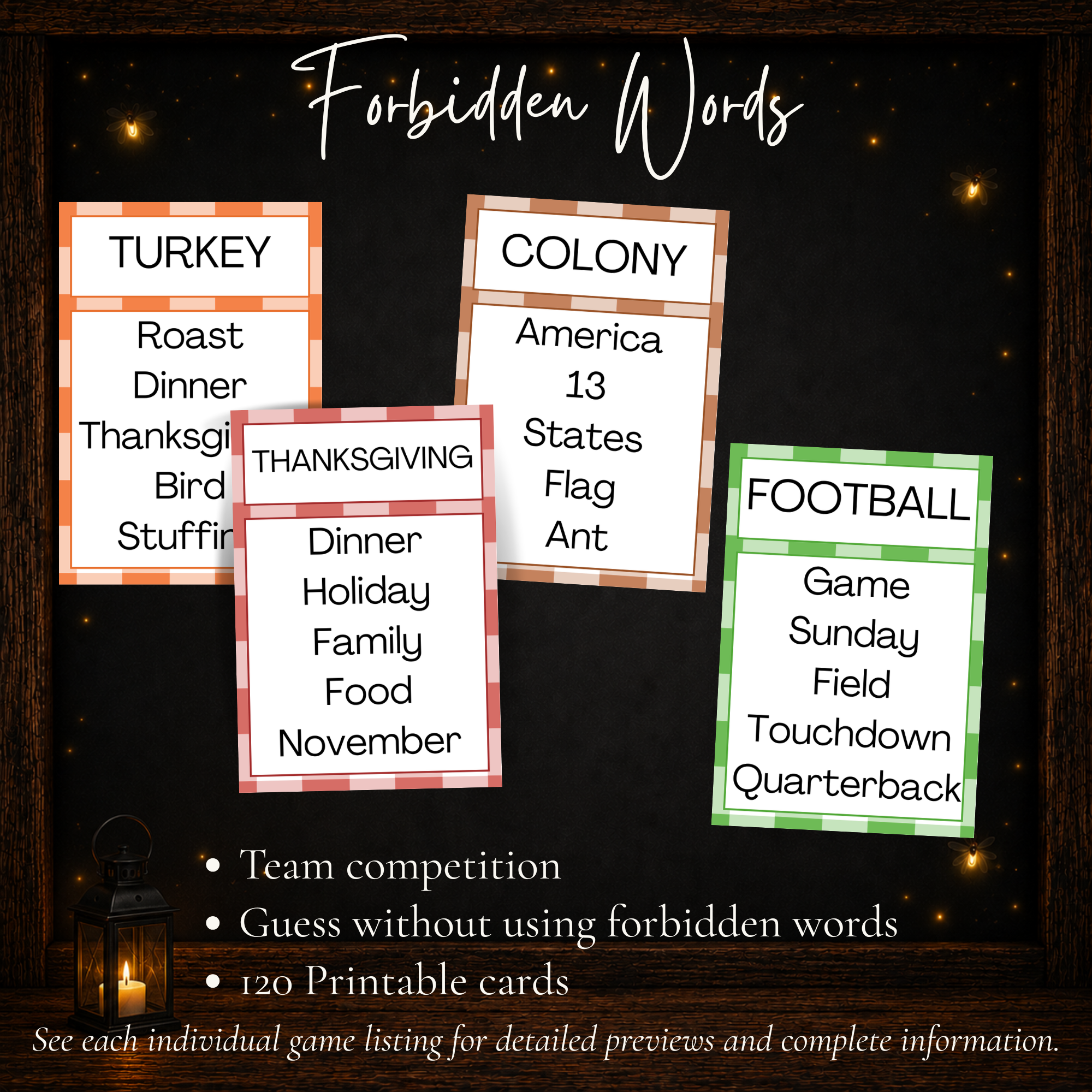 Thanksgiving Forbidden Words team guessing game with 120 printable cards