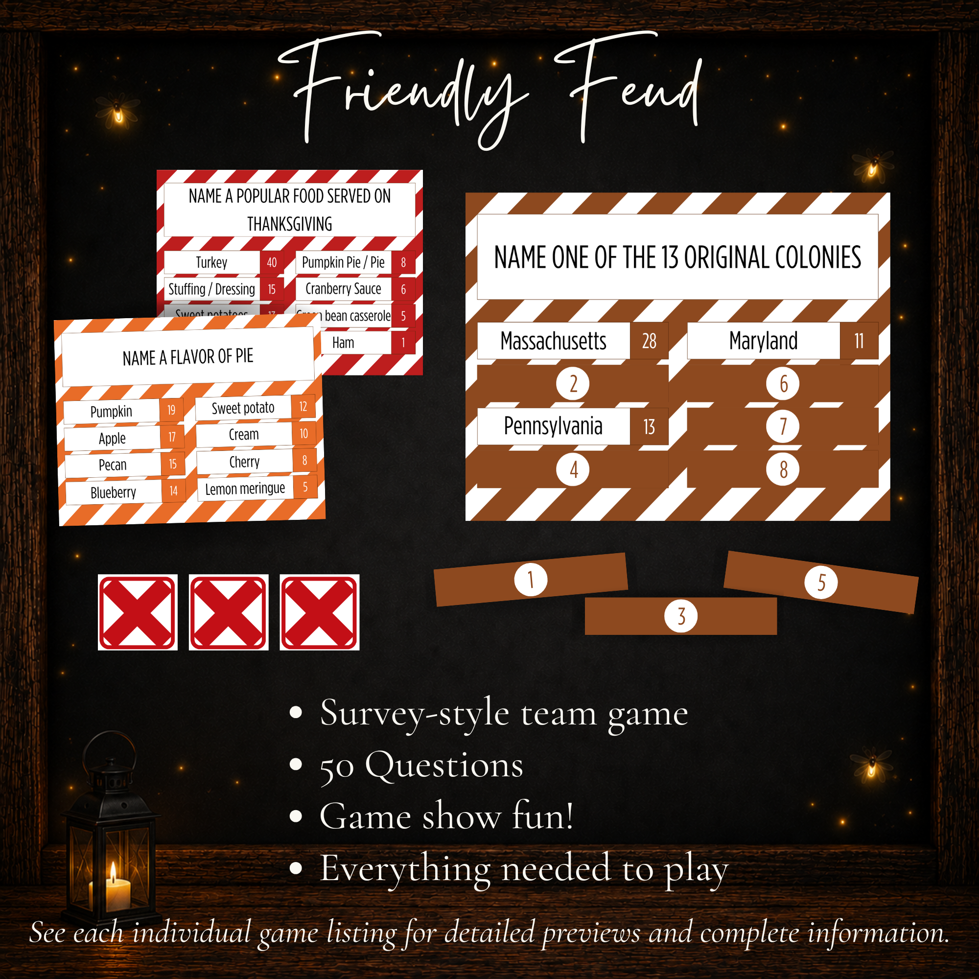 Thanksgiving Friendly Feud printable survey-style team game with 50 questions