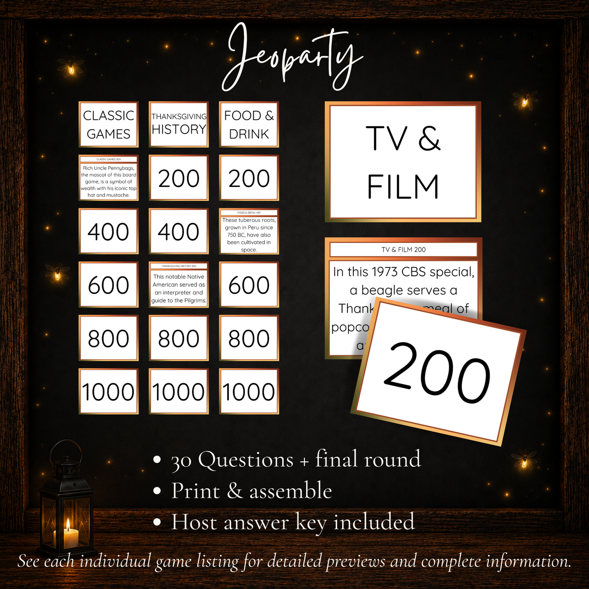 Thanksgiving Jeoparty printable trivia game with 30 questions and final round