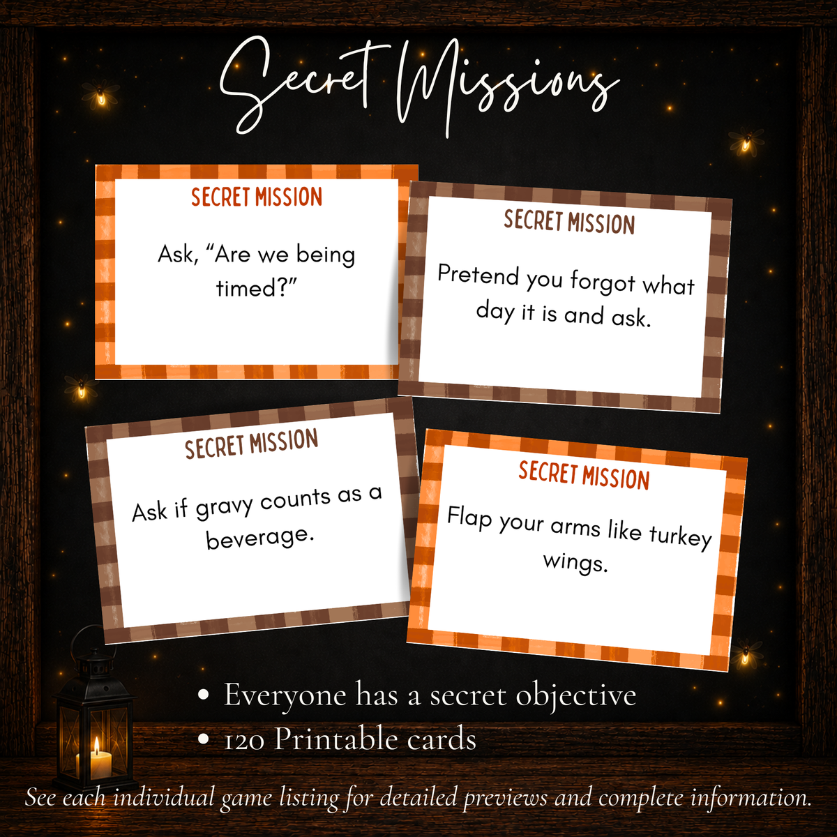 Thanksgiving Secret Missions game with 120 printable hidden challenge cards
