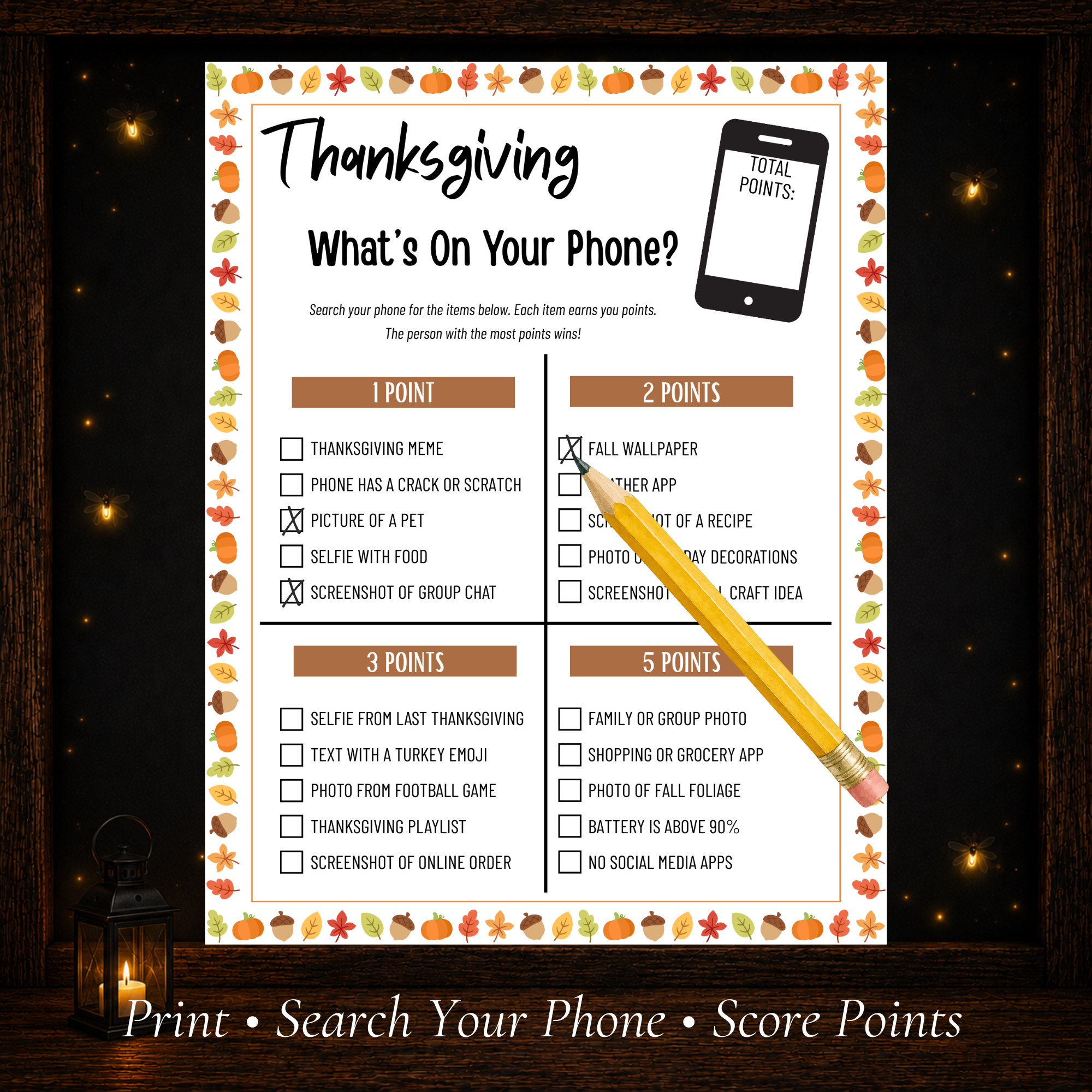 Printable Thanksgiving What’s On Your Phone game with 20 phone-search challenges and point values