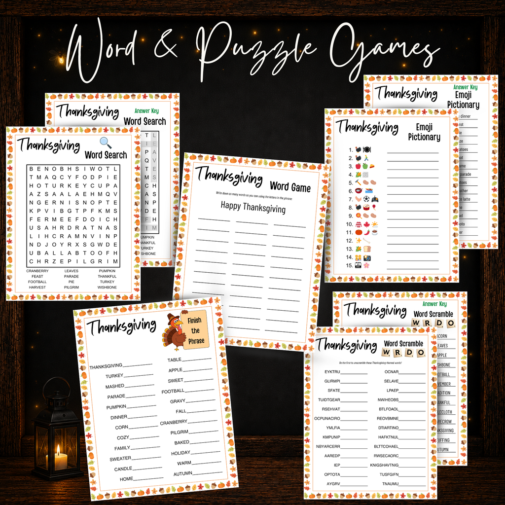 Thanksgiving printable word and puzzle games including word search word scramble Emoji Pictionary and Finish the Phrase
