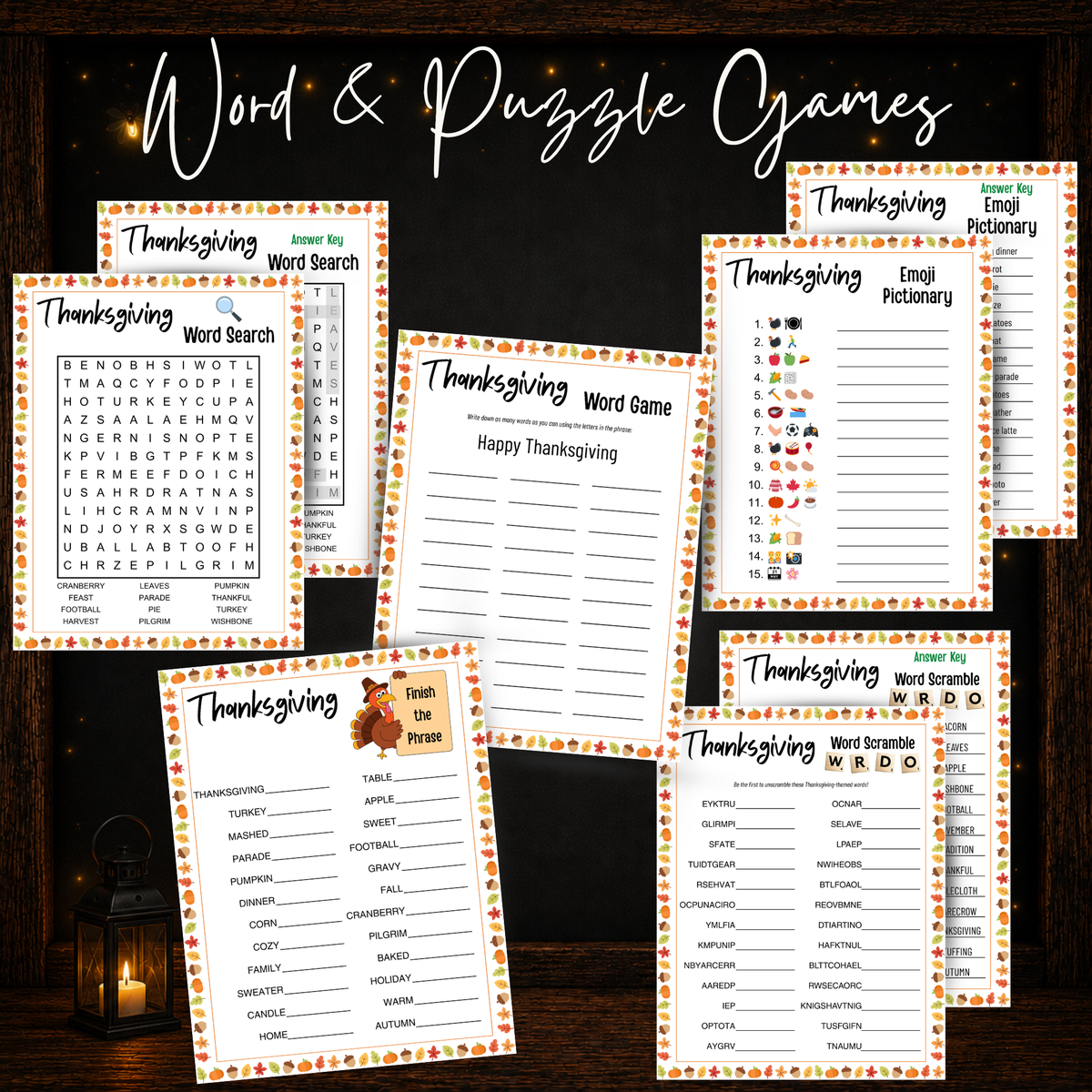 Thanksgiving printable word and puzzle games including word search word scramble Emoji Pictionary and Finish the Phrase