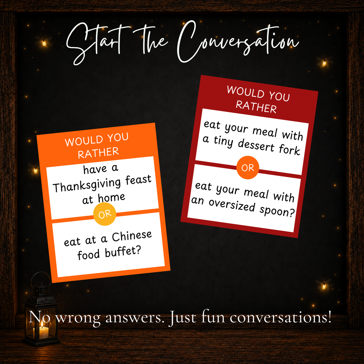 Thanksgiving Would You Rather conversation cards with funny holiday choices for group play