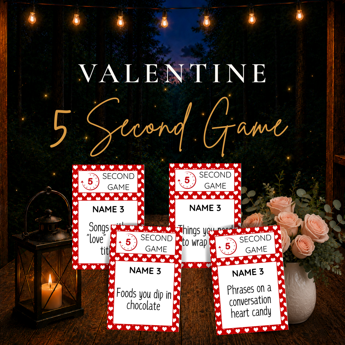Valentine 5 Second Game printable party game with love-themed Name 3 challenge cards for Valentine’s Day
