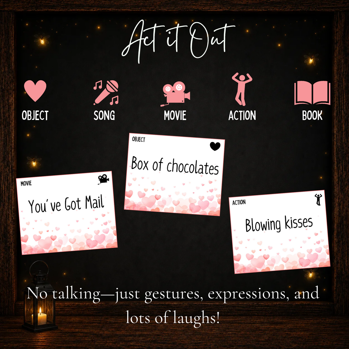 Valentine Charades game with object, song, movie, action and book categories for a fun Valentine party activity