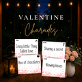 Valentine Charades printable party game with love-themed song, action and object cards for Valentine’s Day