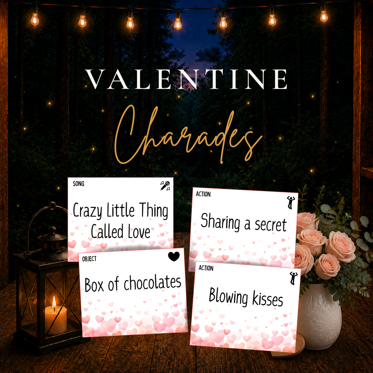 Valentine Charades printable party game with love-themed song, action and object cards for Valentine’s Day