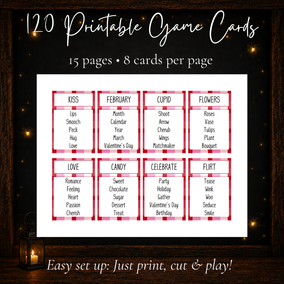 120 printable Valentine Forbidden Words game cards with five forbidden words per card