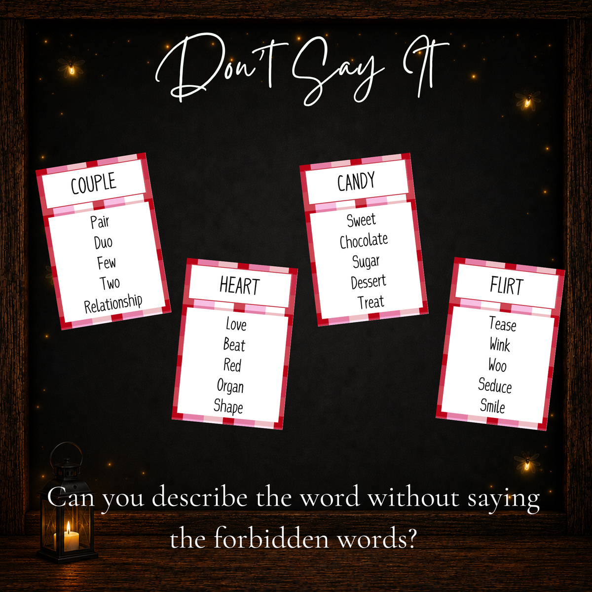Valentine Forbidden Words cards for a fun Valentine party guessing game